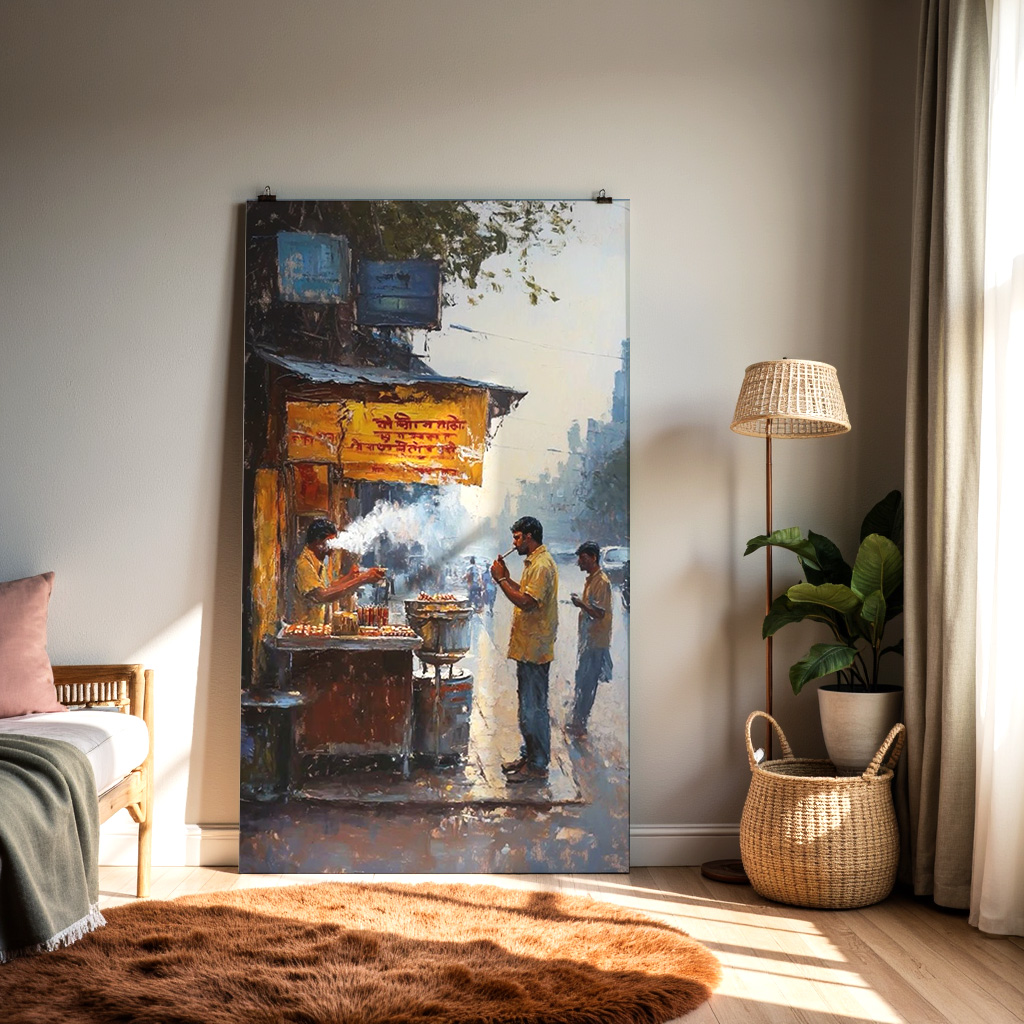 Indian Street Tea Stall Wall Art | Chai Vendor Watercolor Painting