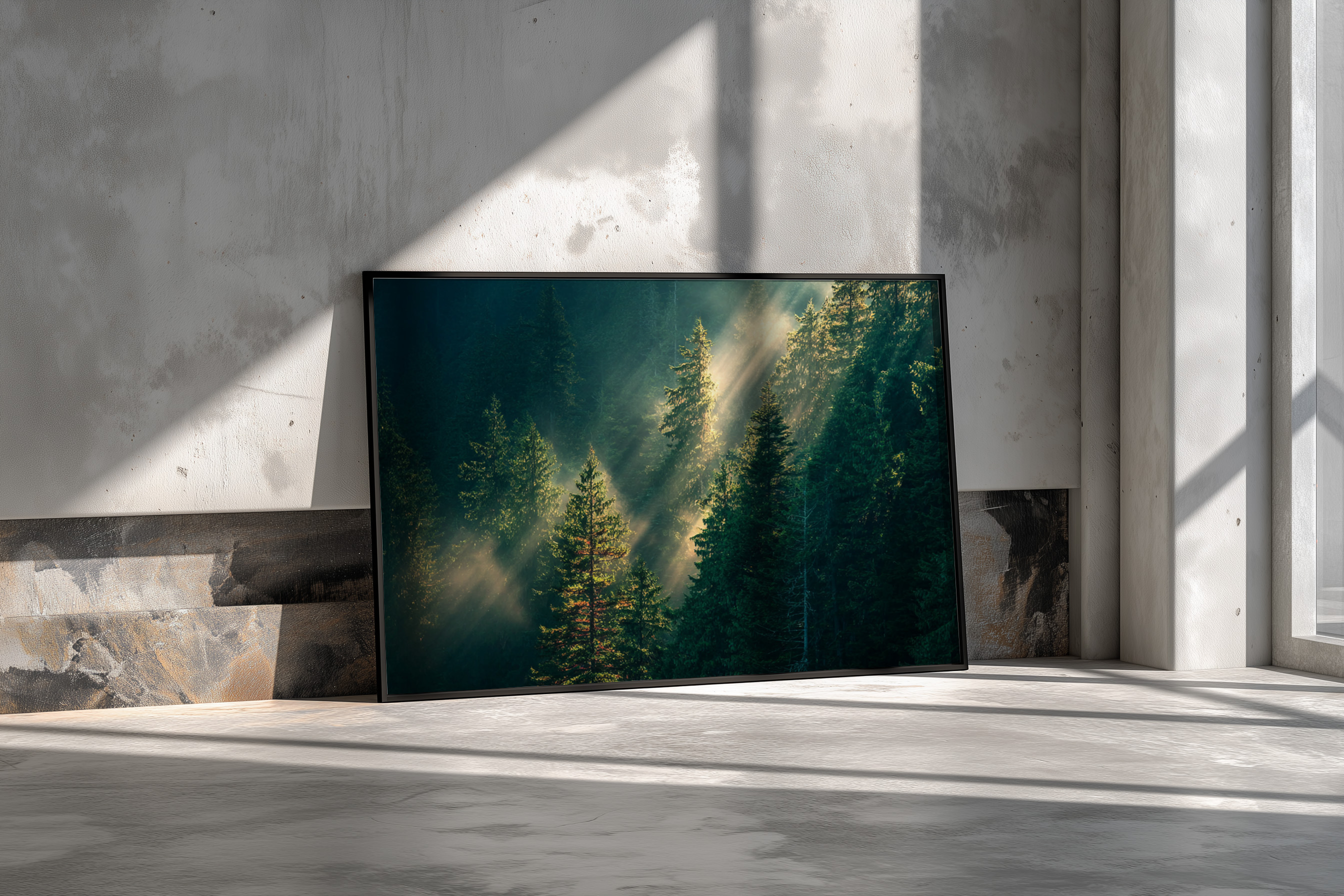 Forest Radiance – Sunbeams Through Evergreen Pines Wall Art