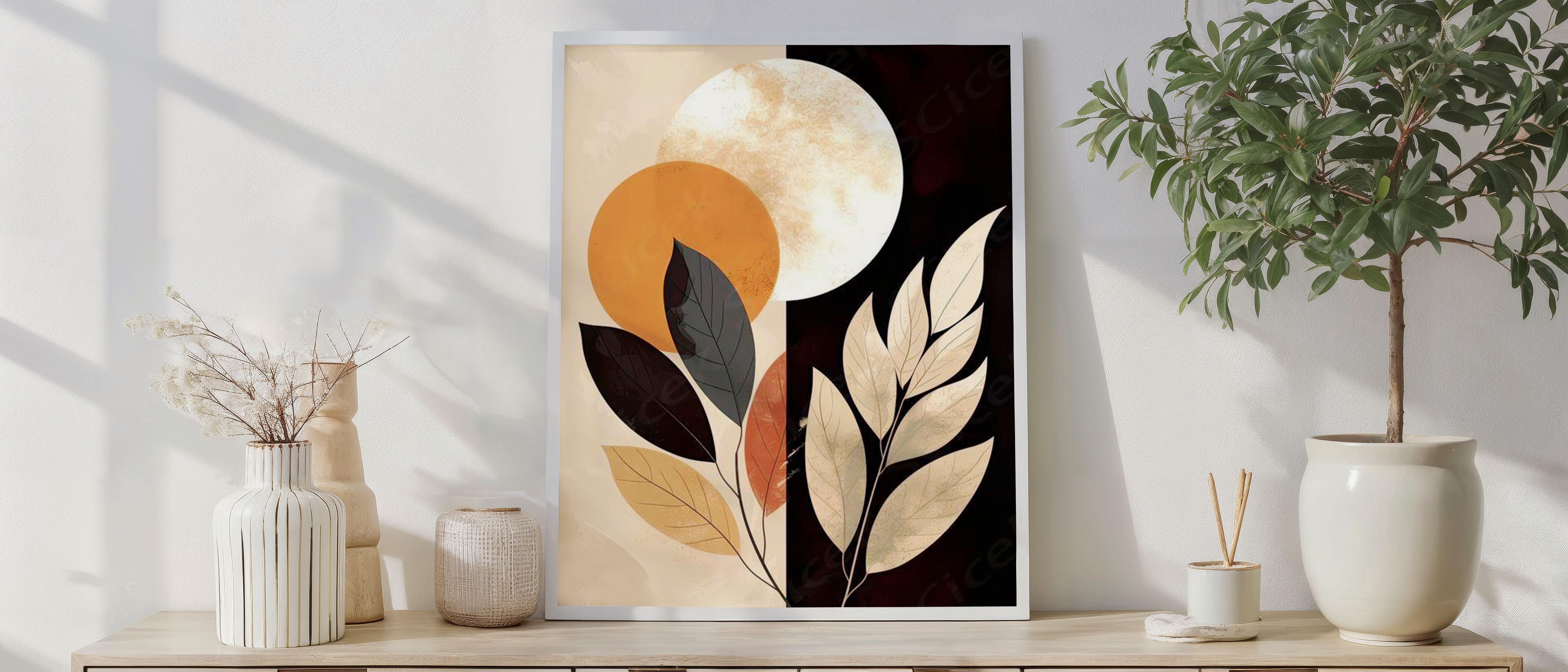 Abstract Botanical Wall Art – Modern Beige and Black Minimal Design