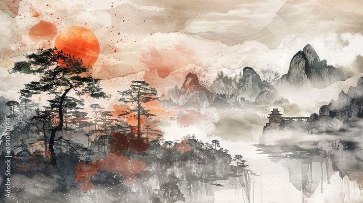 Crimson Mist – Oriental Mountain & Sunrise Wall Art
