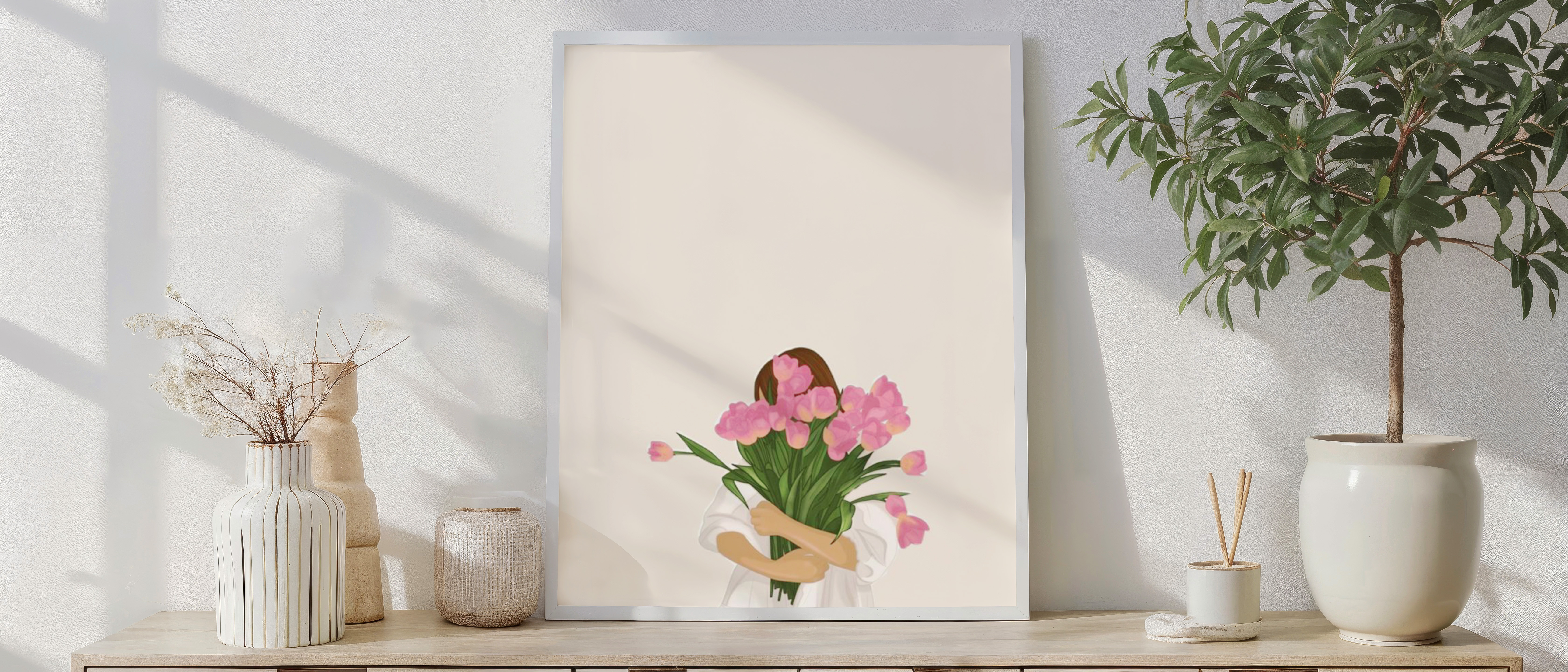 Girl Holding Pink Tulips Wall Art – Minimalist Floral Illustration, Pastel Aesthetic Print