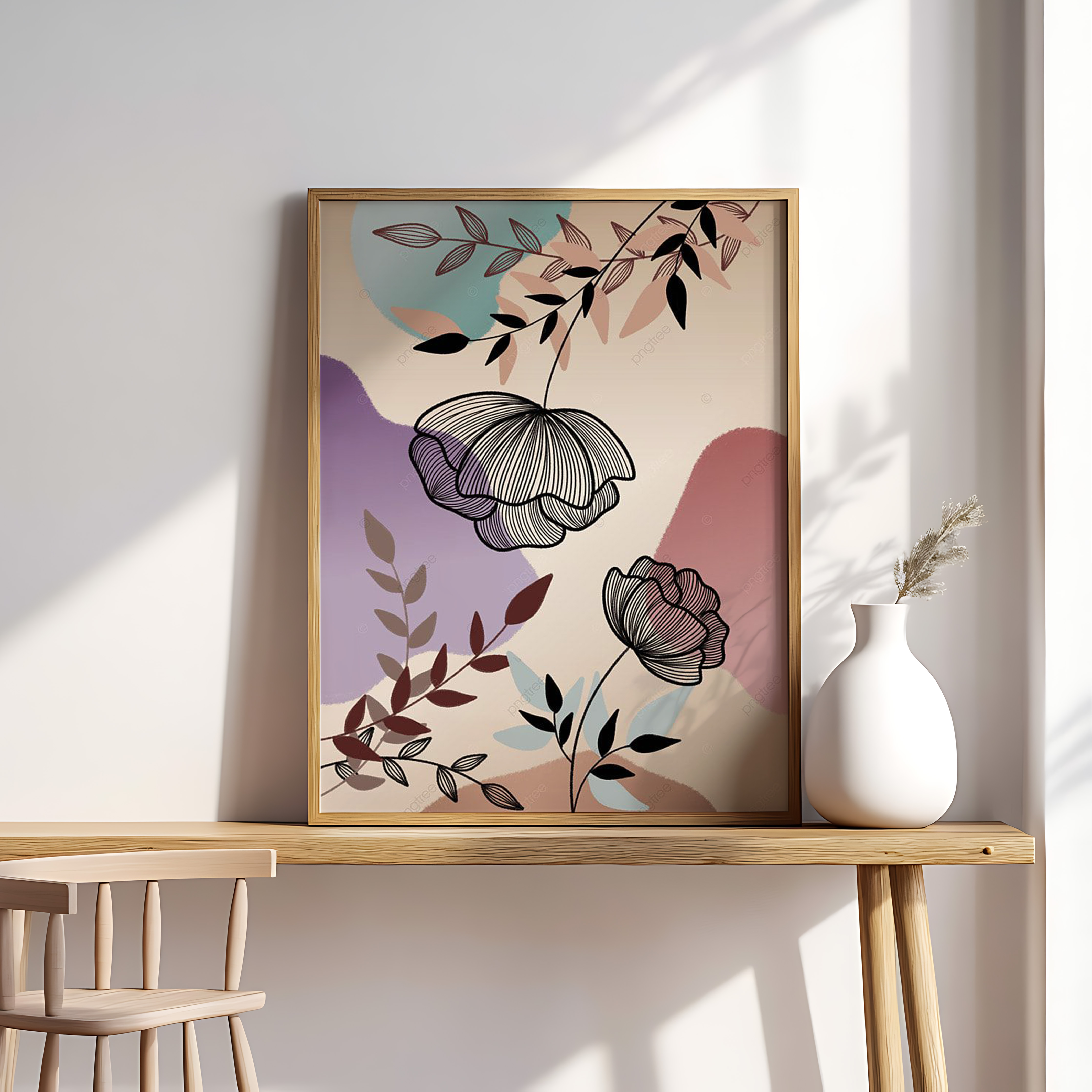 Abstract Botanical Line Art Print – Modern Floral Wall Art with Neutral & Pastel Shapes