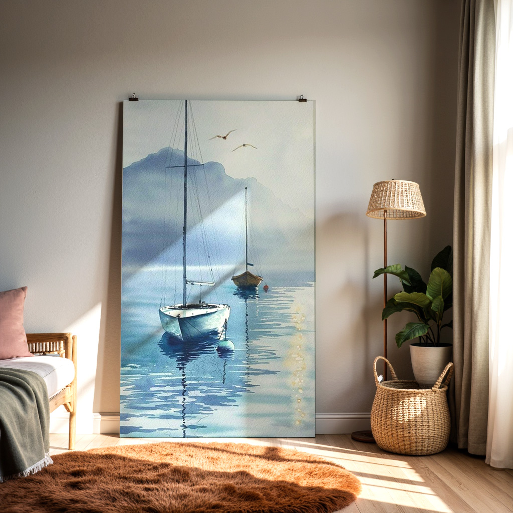 Harbor Calm – Watercolor Sailboats at Dawn Wall Art