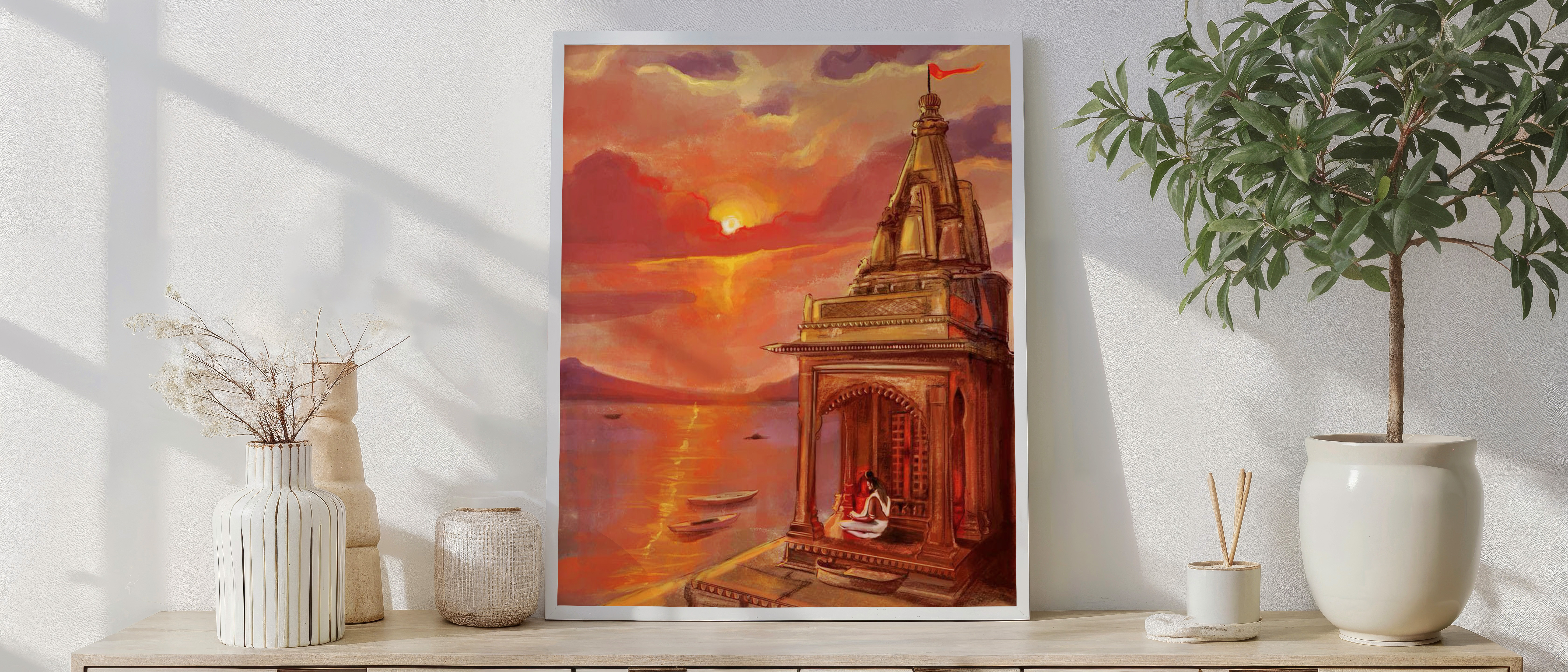 Indian Temple at Sunset Wall Art | Spiritual Riverside Painting