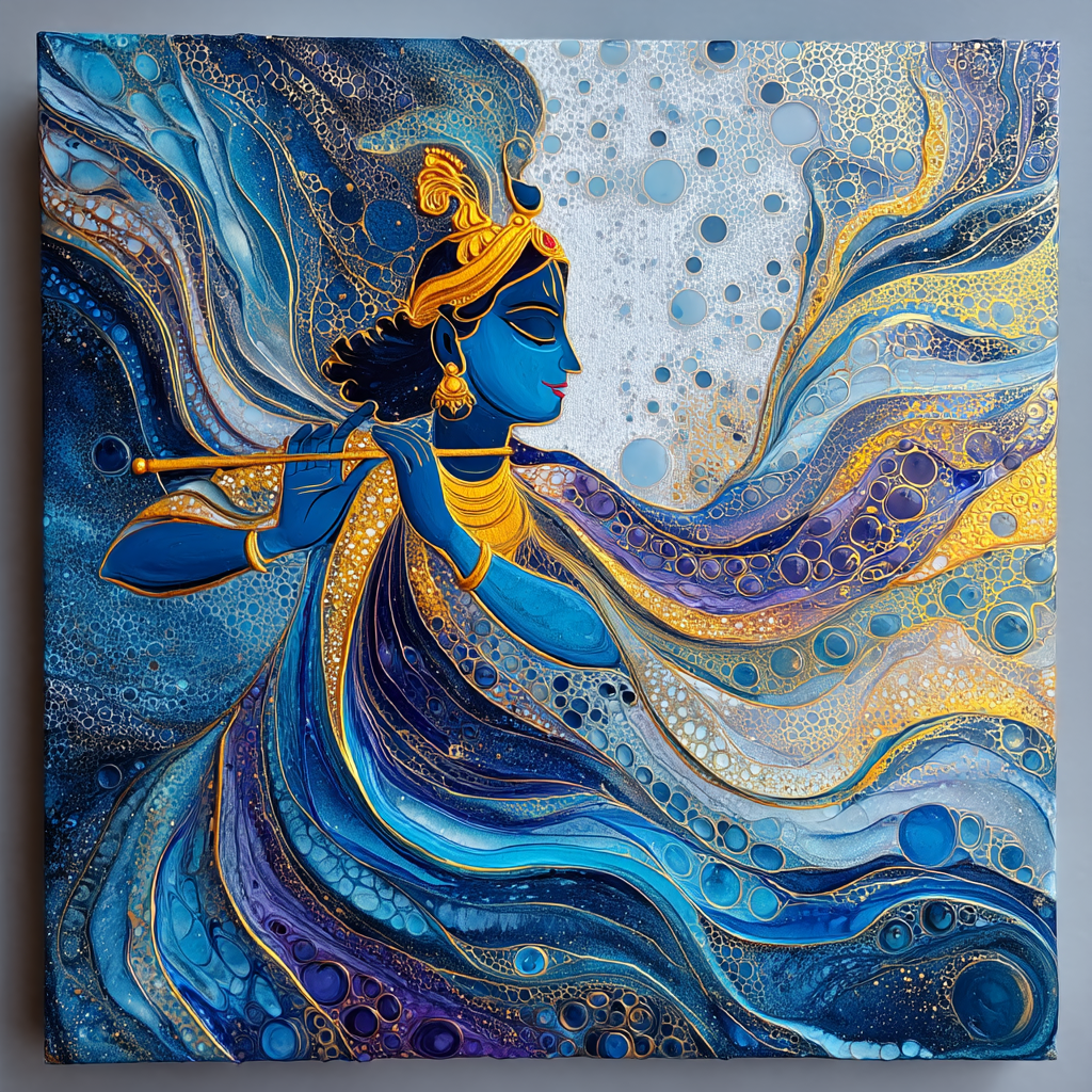 Abstract Lord Krishna Blue & Gold Fluid Art