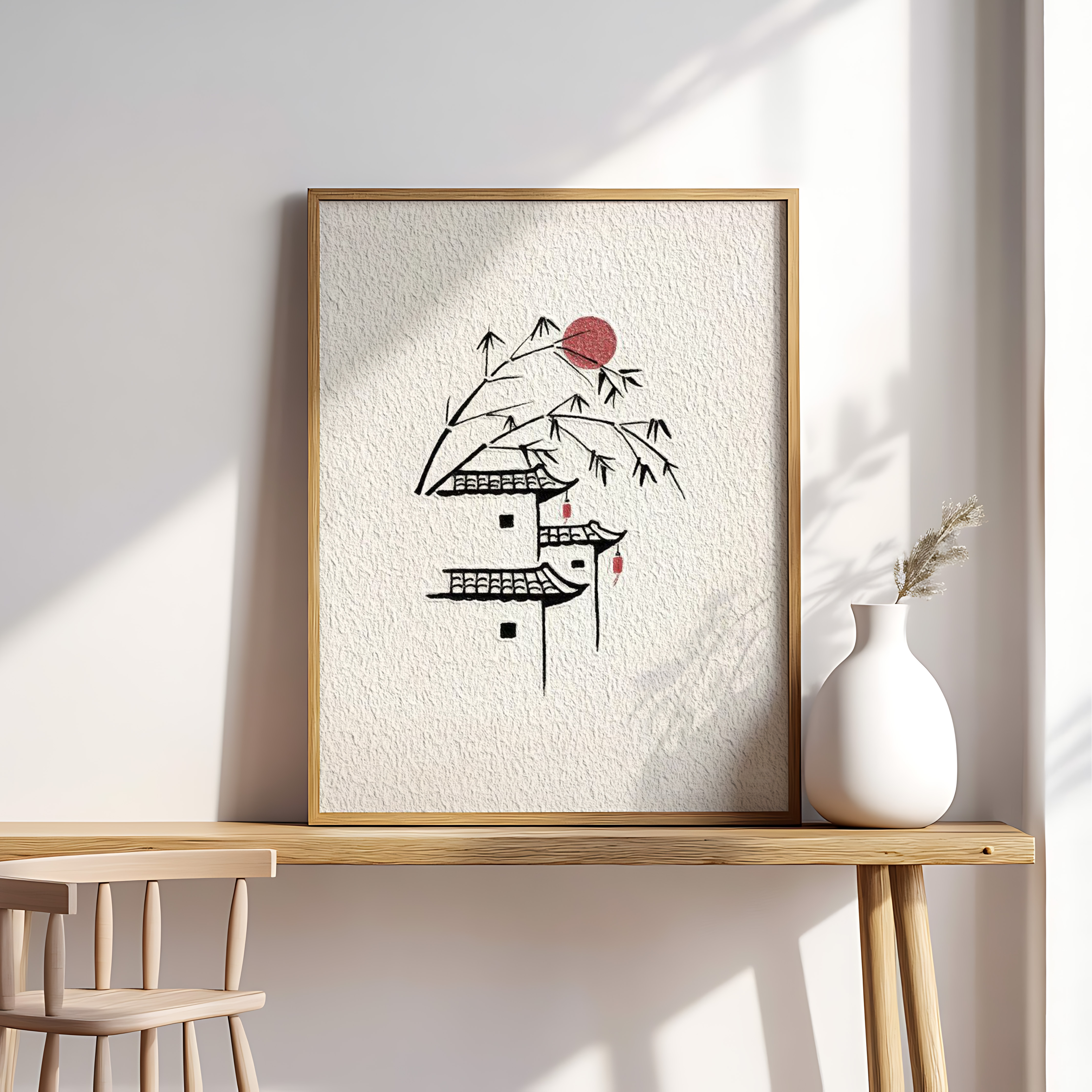 Minimalist Asian Village Art – Bamboo & Red Sun Illustration