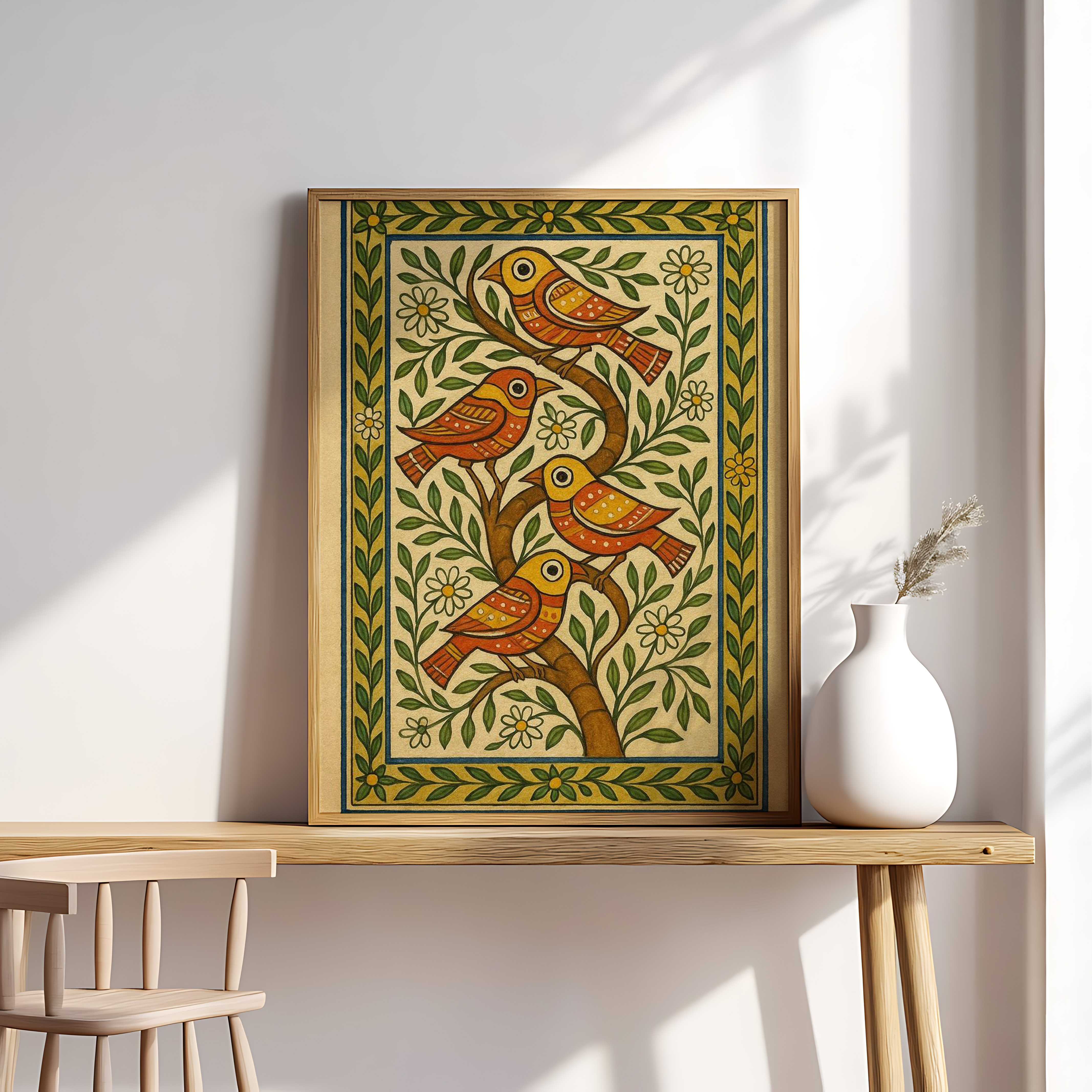 Traditional Indian Folk Art Bird Illustration – Vibrant Handcrafted Wall Décor
