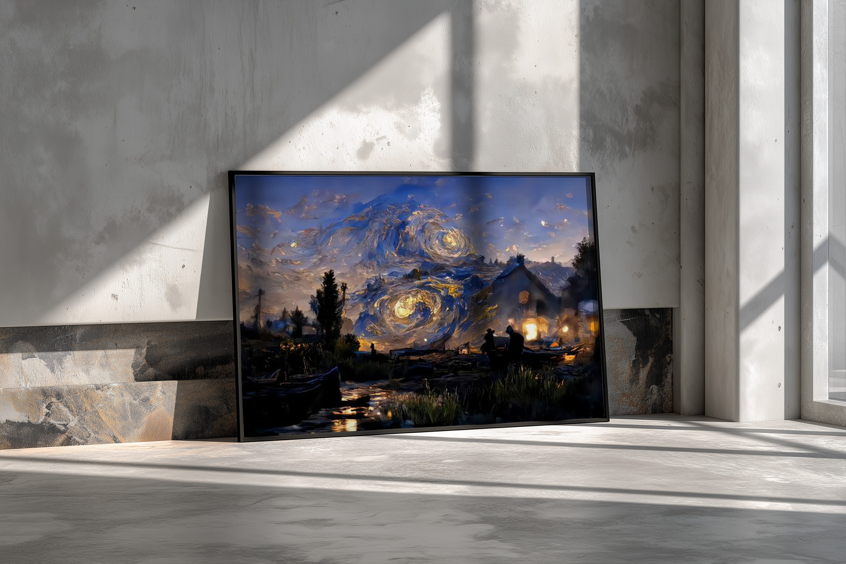 Cosmic Nightfall – Star-Swirl Village Landscape Wall Art