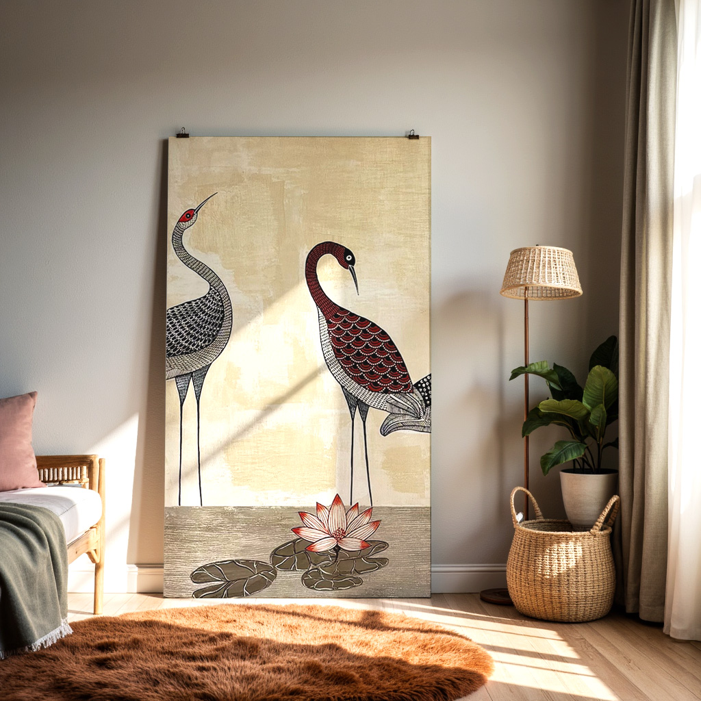 Elegant Cranes with Lotus – Traditional Folk Art Bird Painting