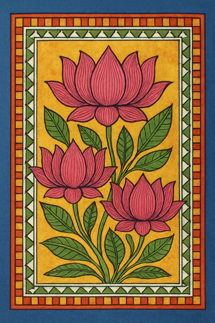 Traditional Indian Lotus Folk Art Print – Vibrant Floral Wall Décor