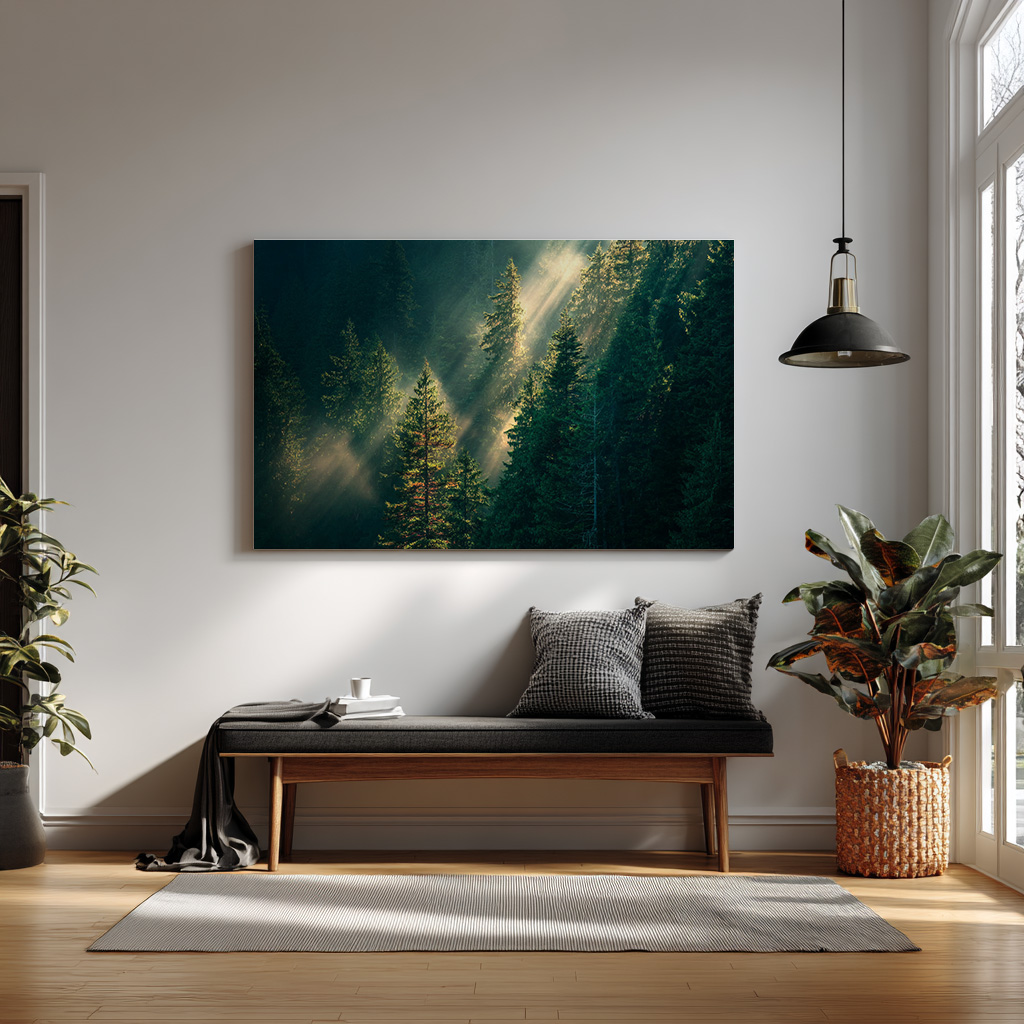 Forest Radiance – Sunbeams Through Evergreen Pines Wall Art