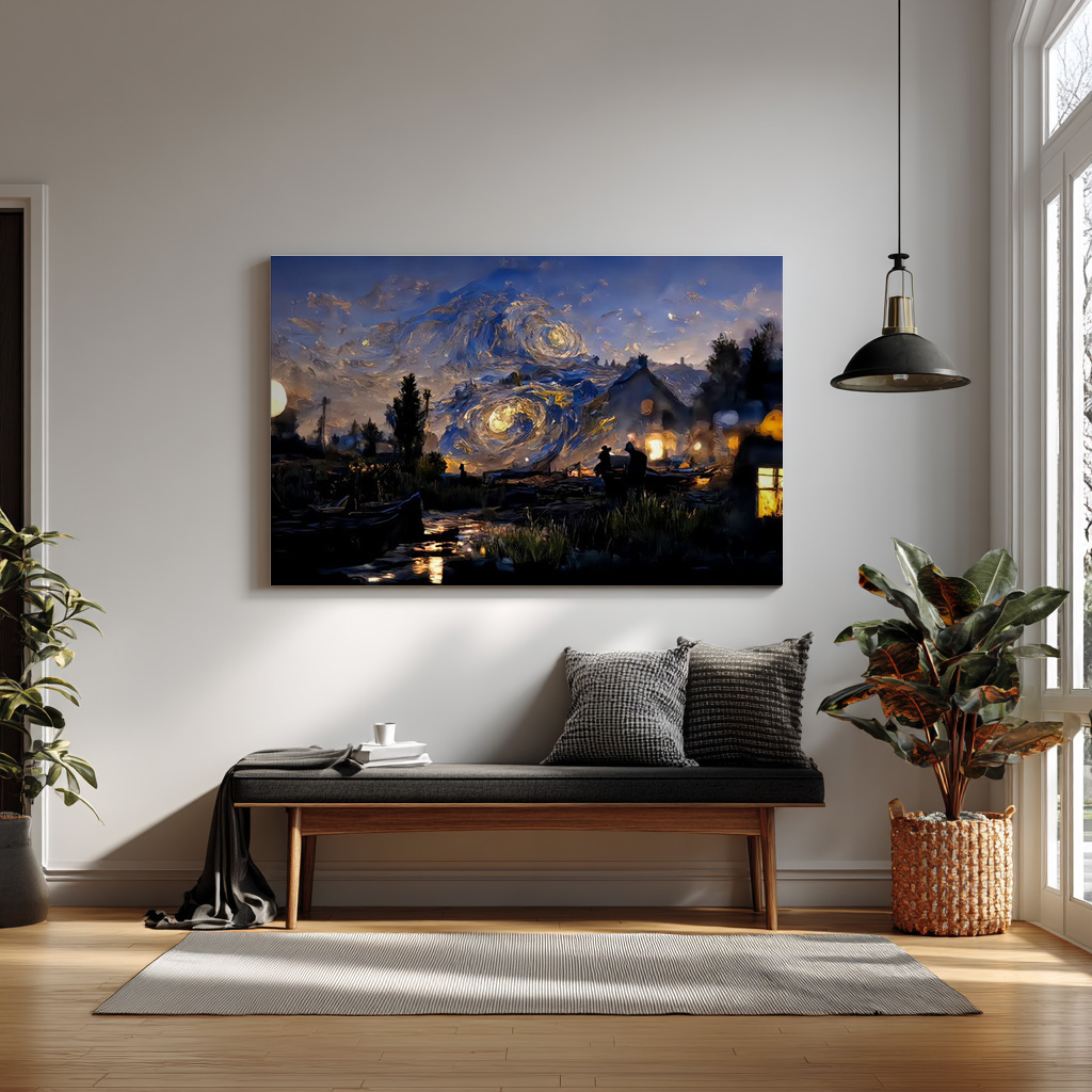 Cosmic Nightfall – Star-Swirl Village Landscape Wall Art