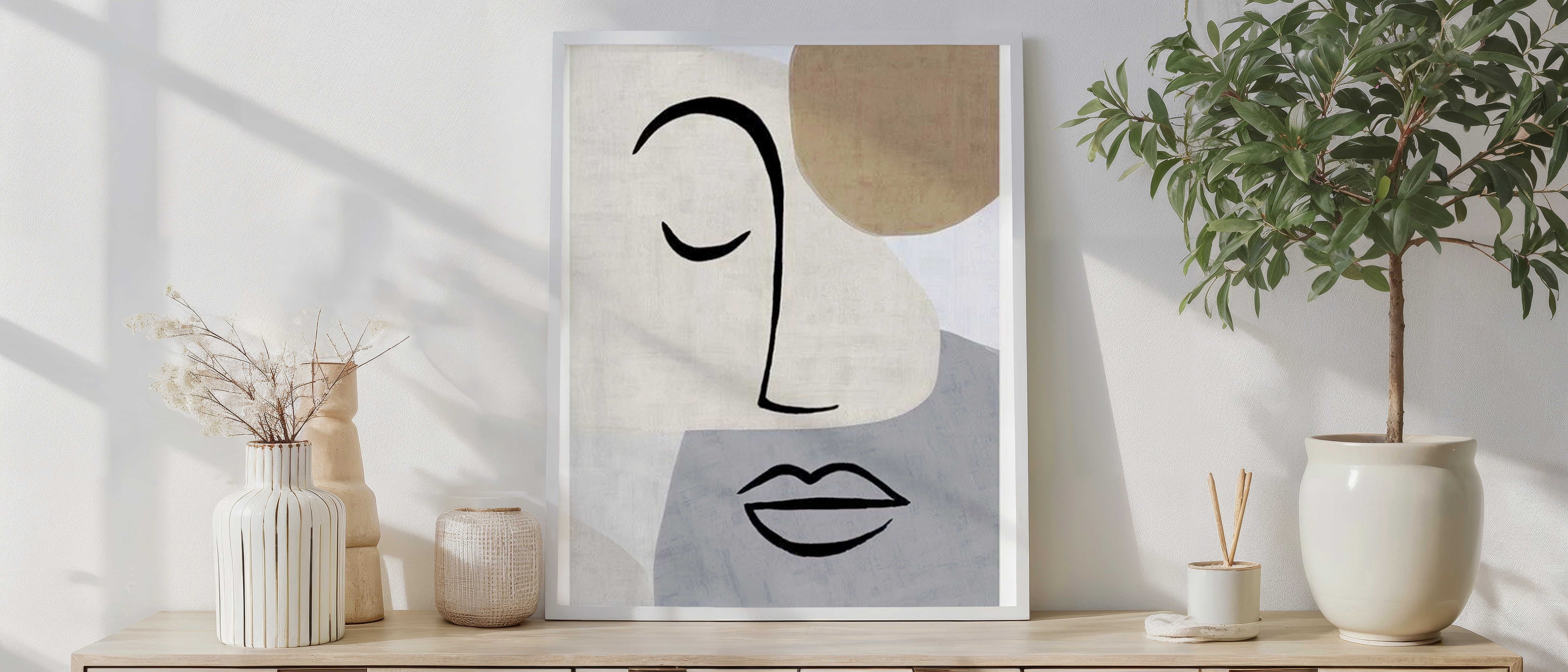 Minimalist Abstract Face Line Art – Modern Neutral Color Block Portrait Print