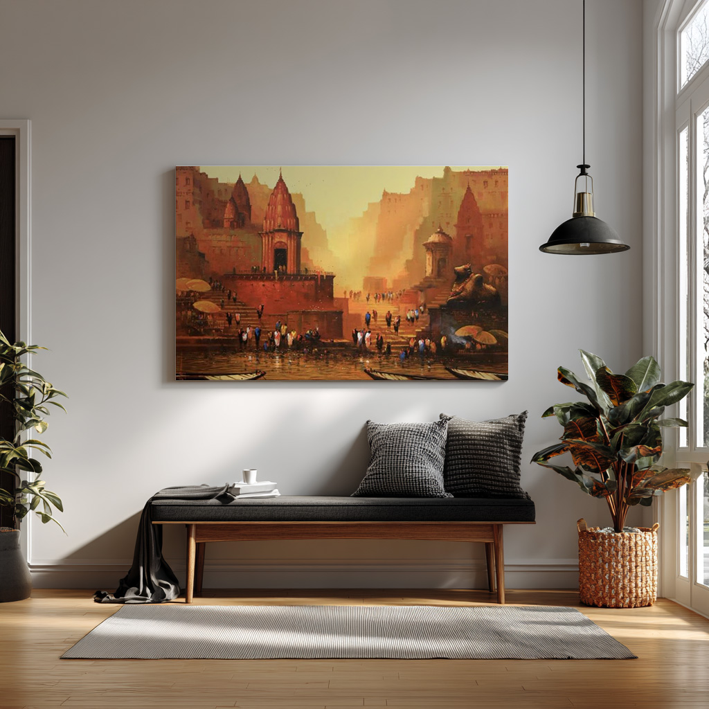 Varanasi Ghats Wall Art | Golden Ganges River City Painting