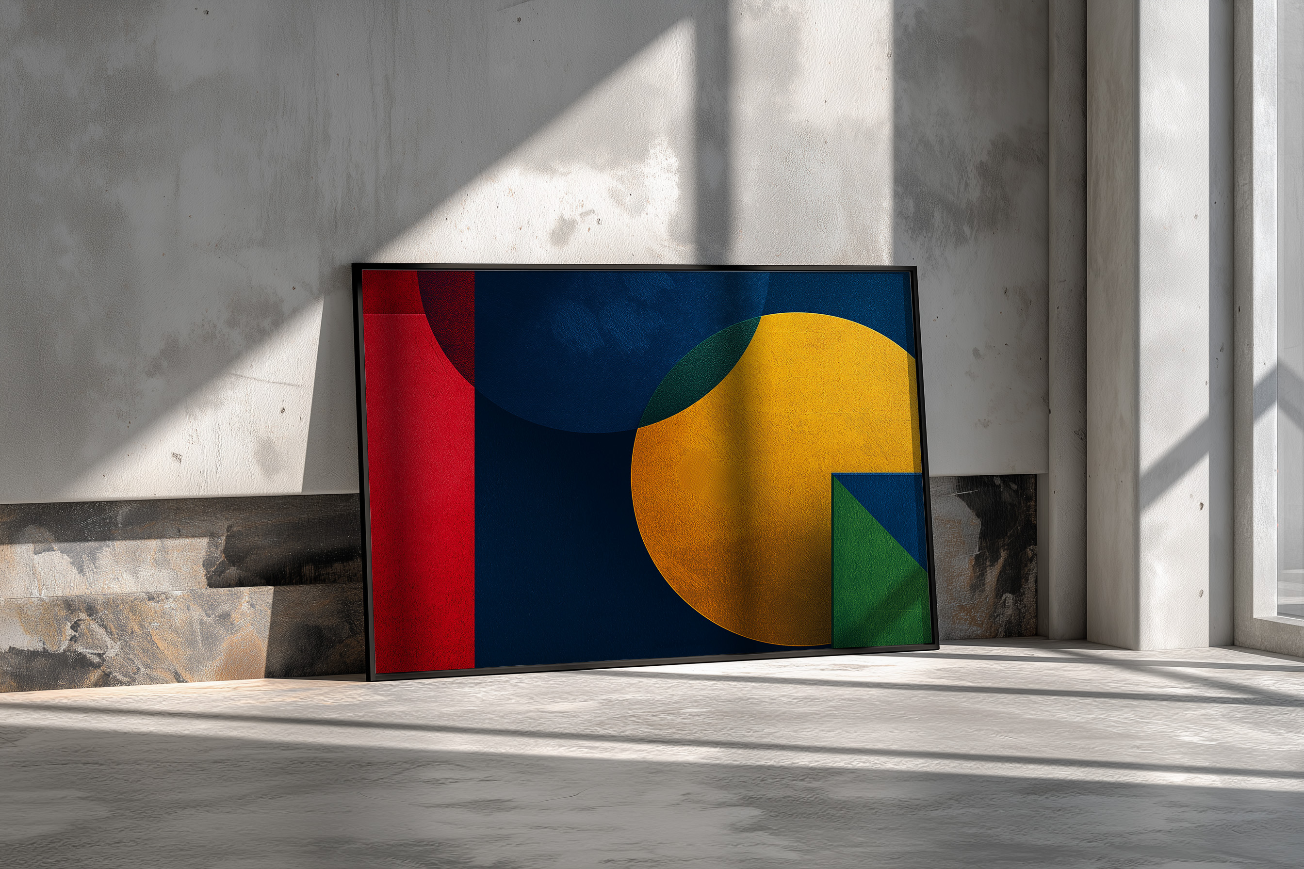 Bold Modern Geometric Wall Art – Abstract Shapes Print in Red, Navy Blue, Yellow & Green