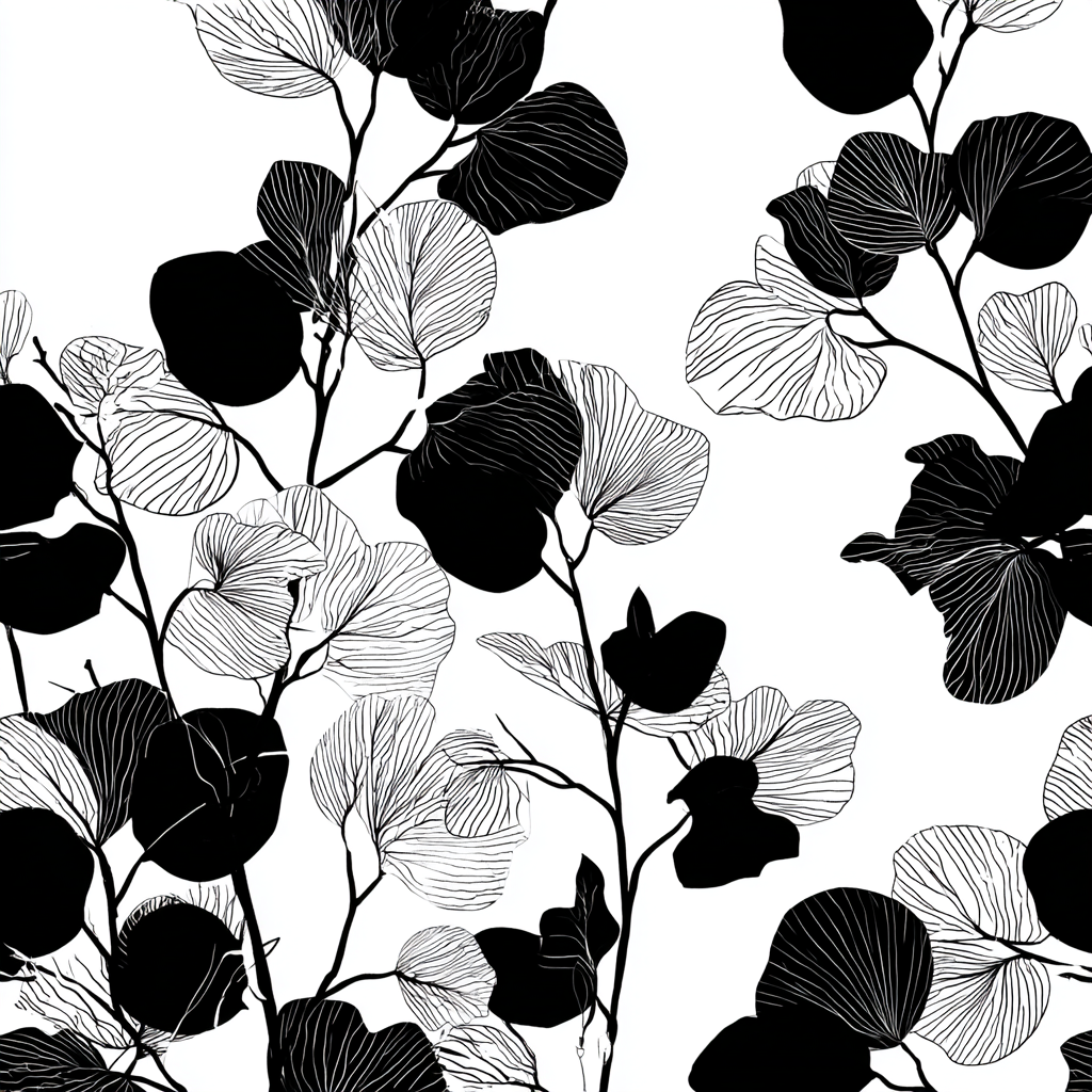 Minimalist Botanical Line Art – Black & White Eucalyptus Pattern Print