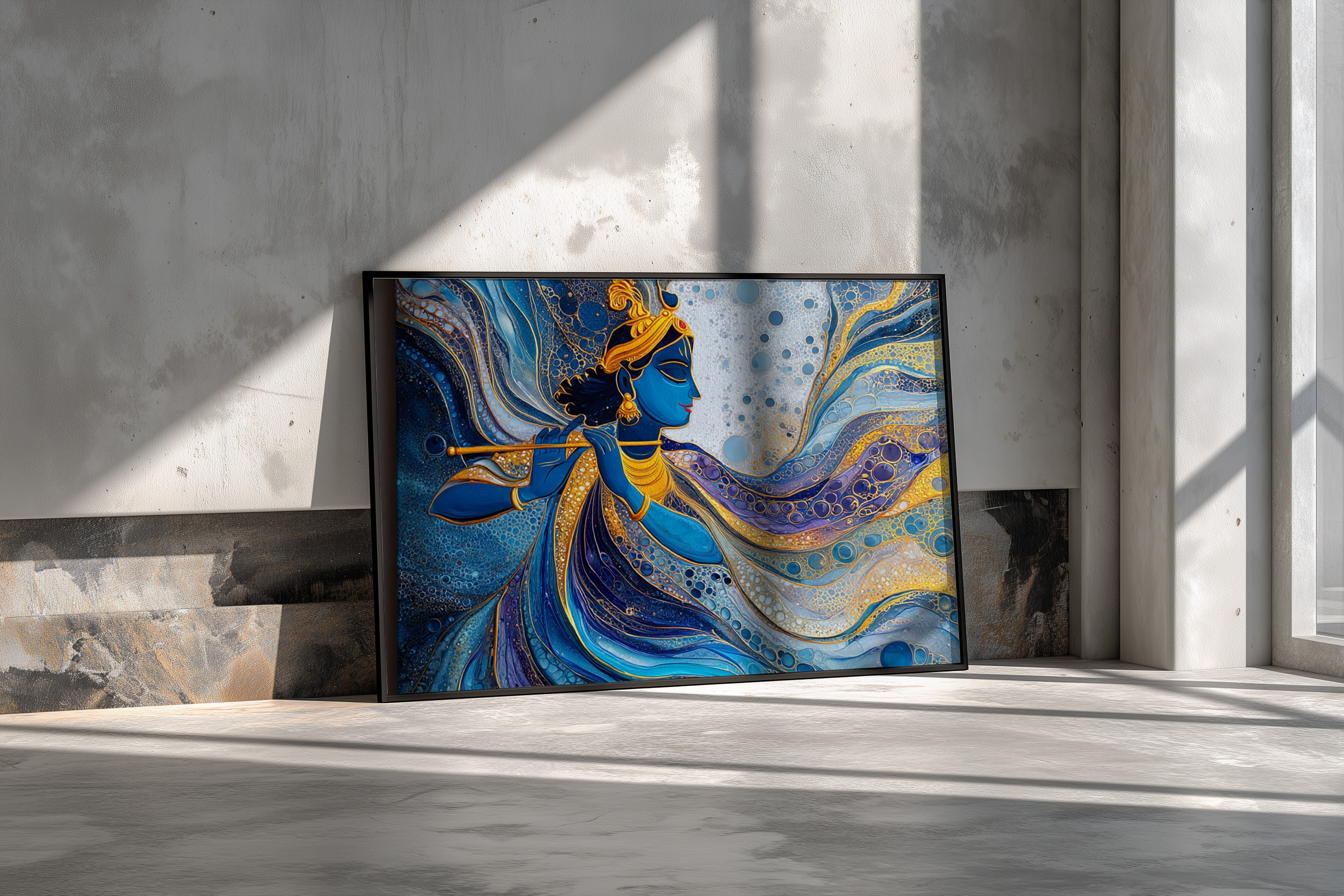 Abstract Lord Krishna Blue & Gold Fluid Art