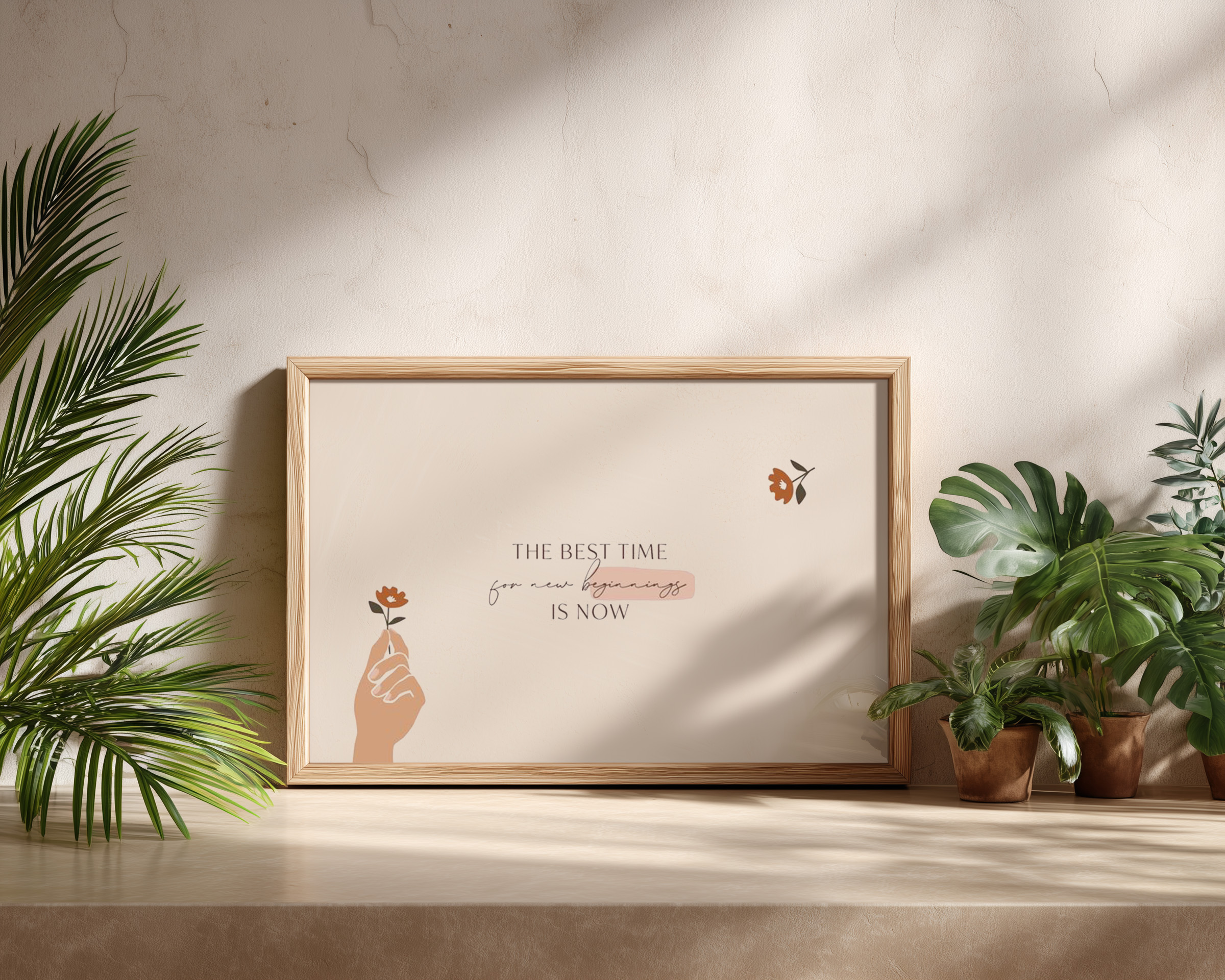 The Best Time Is Now Wall Art – Inspirational Quote Minimal Floral Print