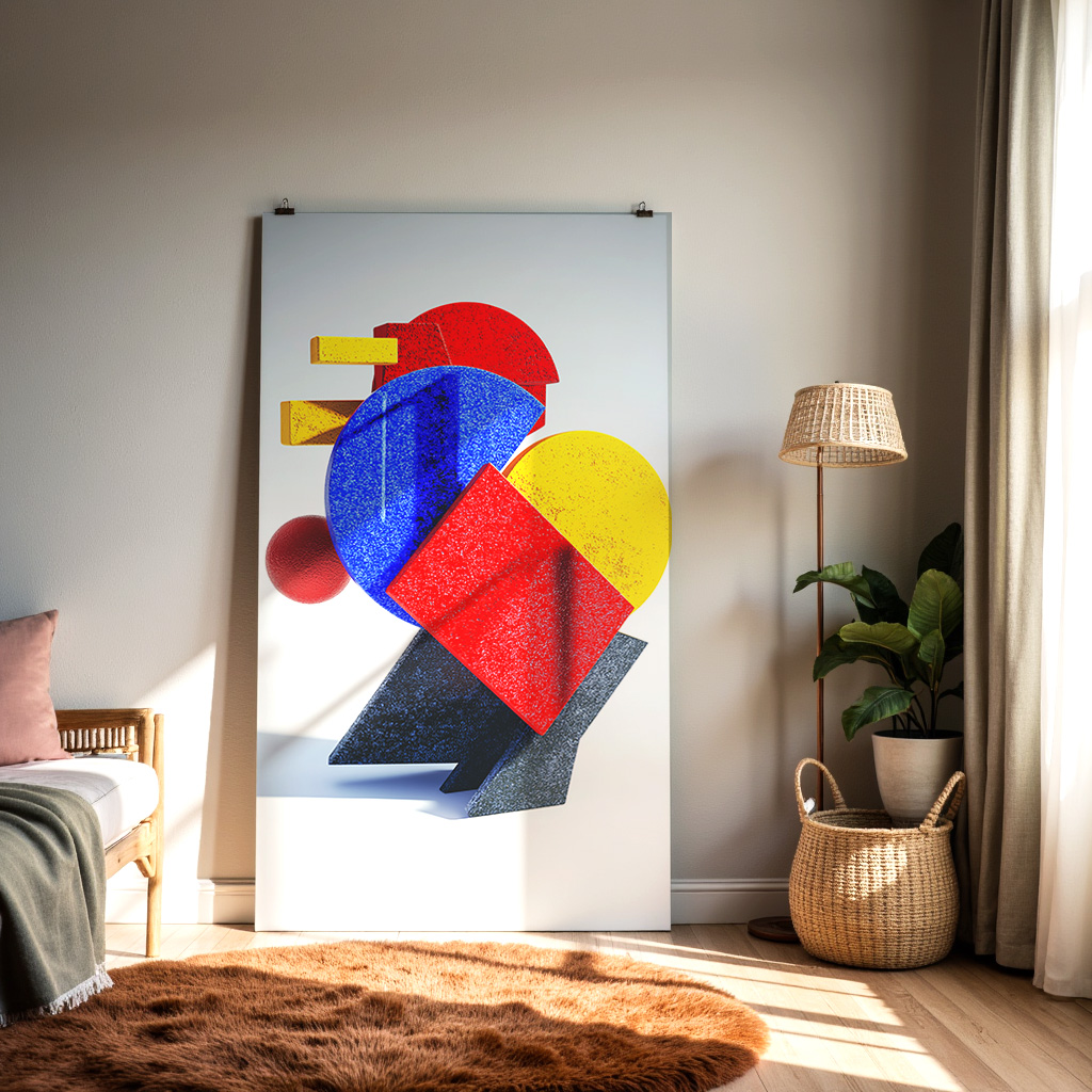 Modern Geometric Sculpture Art Print – Bold Abstract Shapes in Red, Blue & Yellow