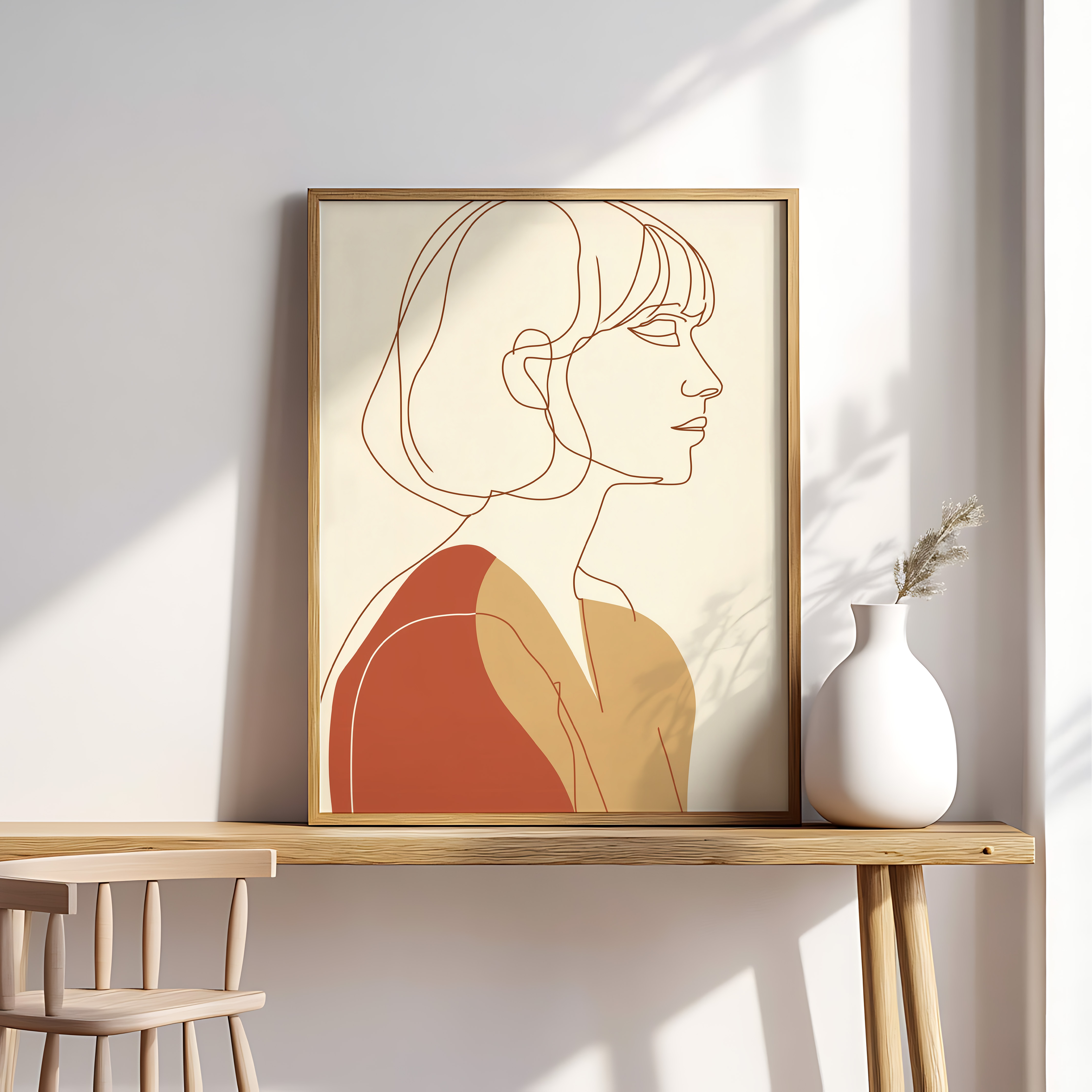Minimalist One-Line Woman Portrait – Modern Abstract Female Wall Art in Warm Earth Tones