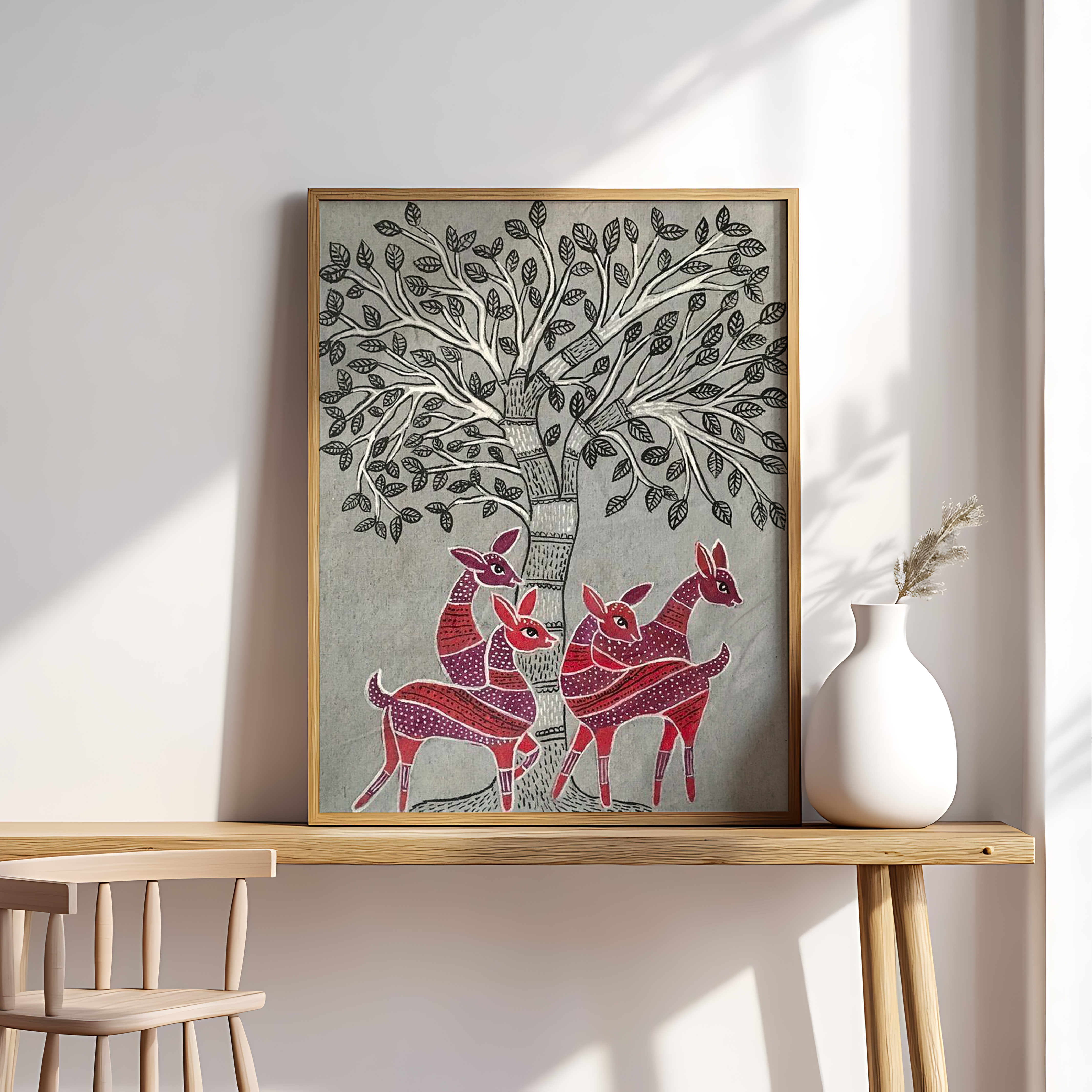 Folk Art Deer Family Under Tree – Traditional Tribal Nature Illustration