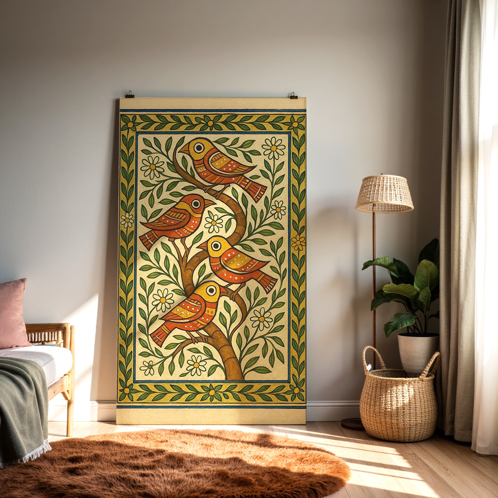 Traditional Indian Folk Art Bird Illustration – Vibrant Handcrafted Wall Décor
