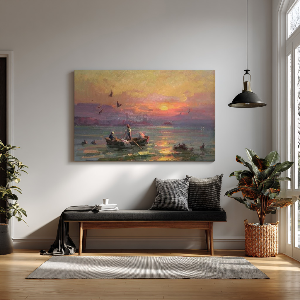 Golden Horizon – Serene Sunset Fishermen Painting