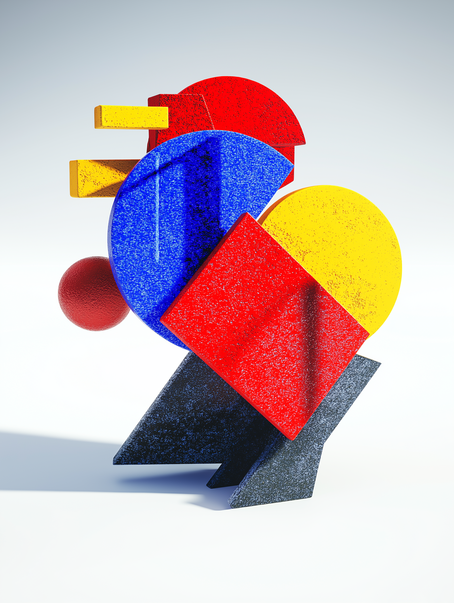Modern Geometric Sculpture Art Print – Bold Abstract Shapes in Red, Blue & Yellow