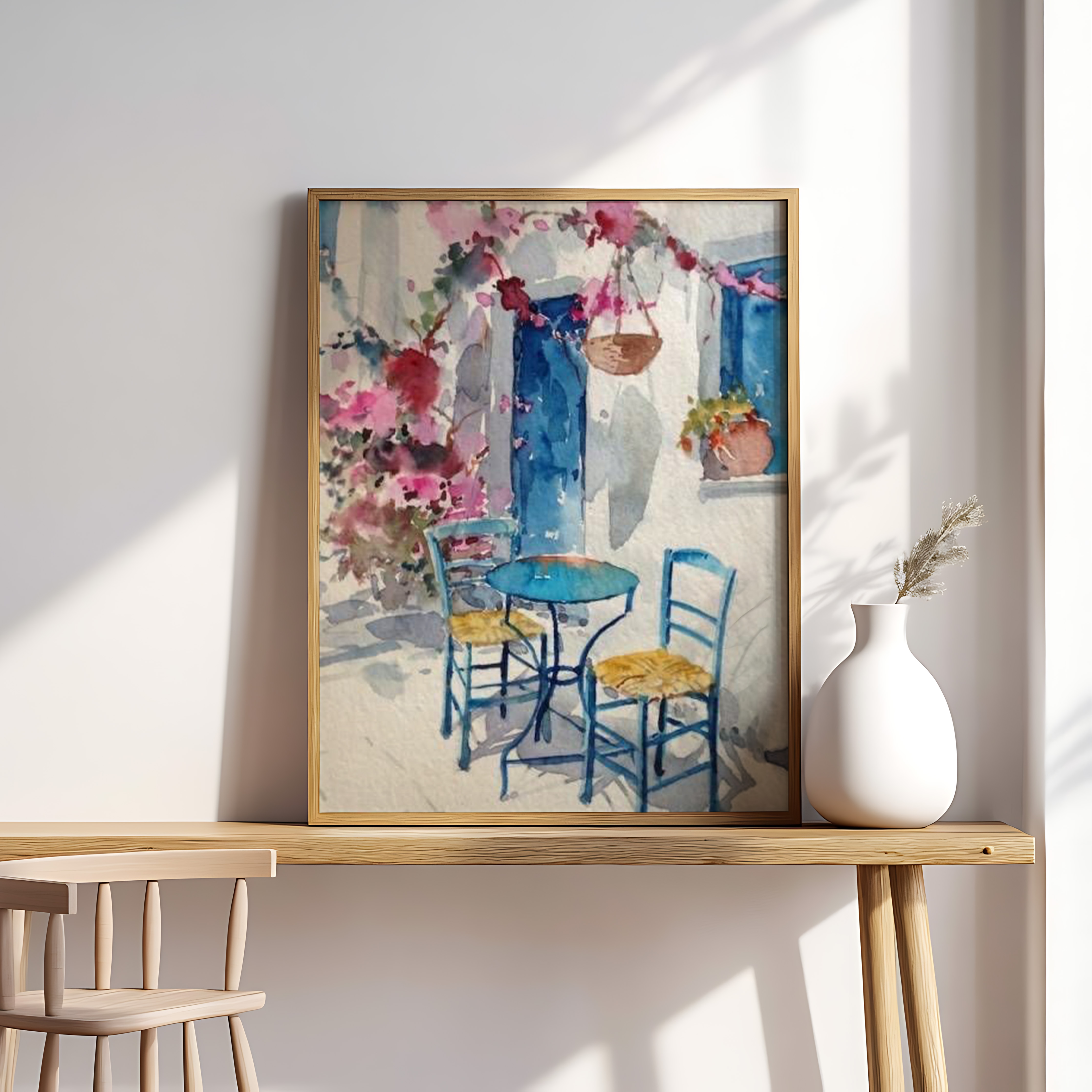 Mediterranean Patio – Blue Café Corner Watercolor Wall Art