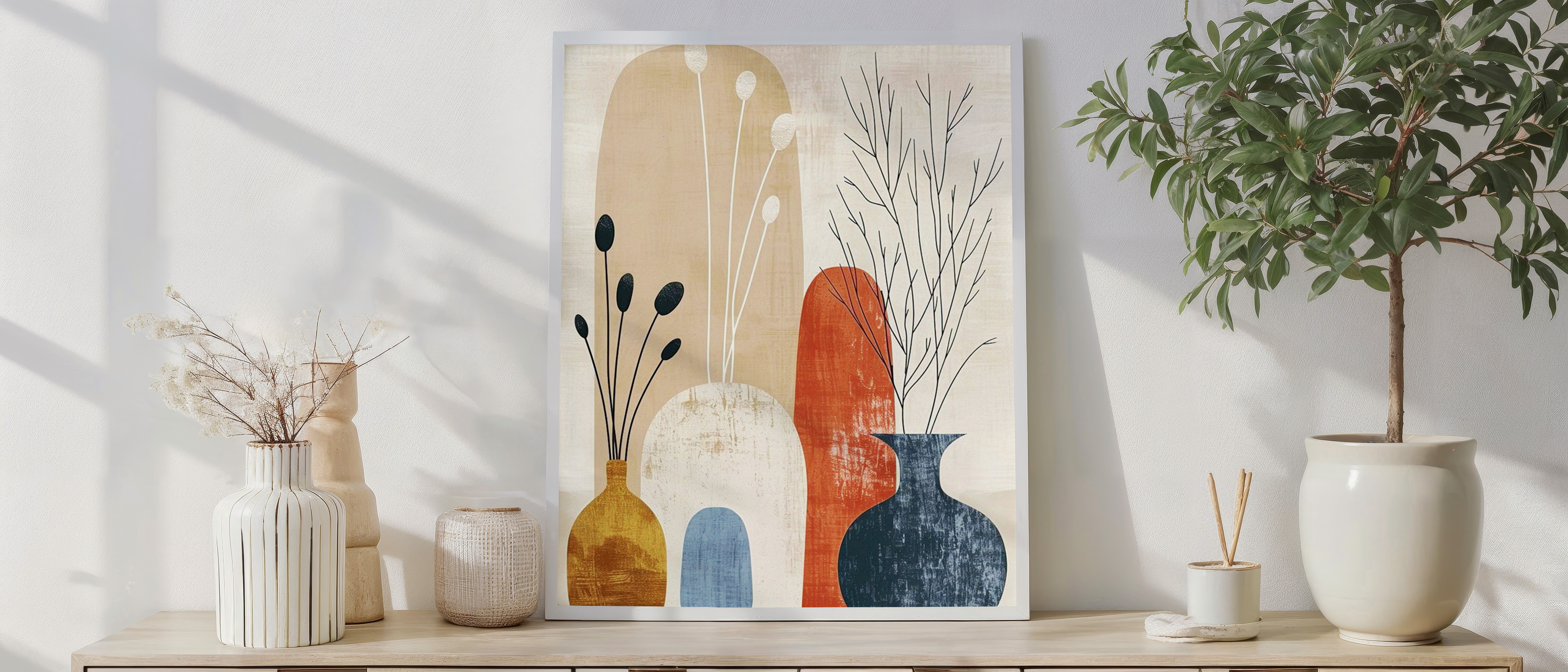 Modern Boho Vase Art Print – Abstract Botanical Wall Décor 