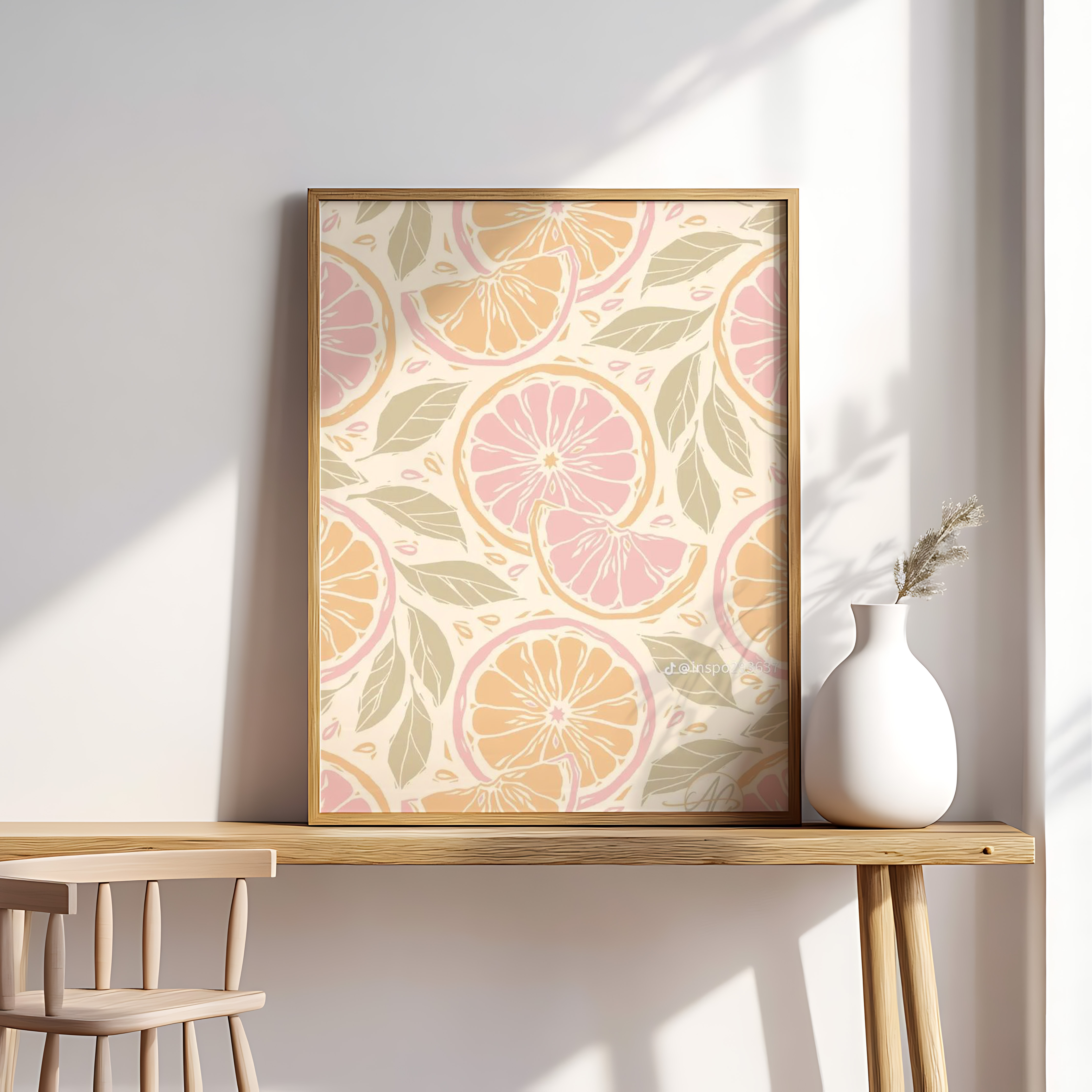 Citrus Fruit Pattern Wall Art – Pastel Orange & Pink Grapefruit Print, Kitchen Decor
