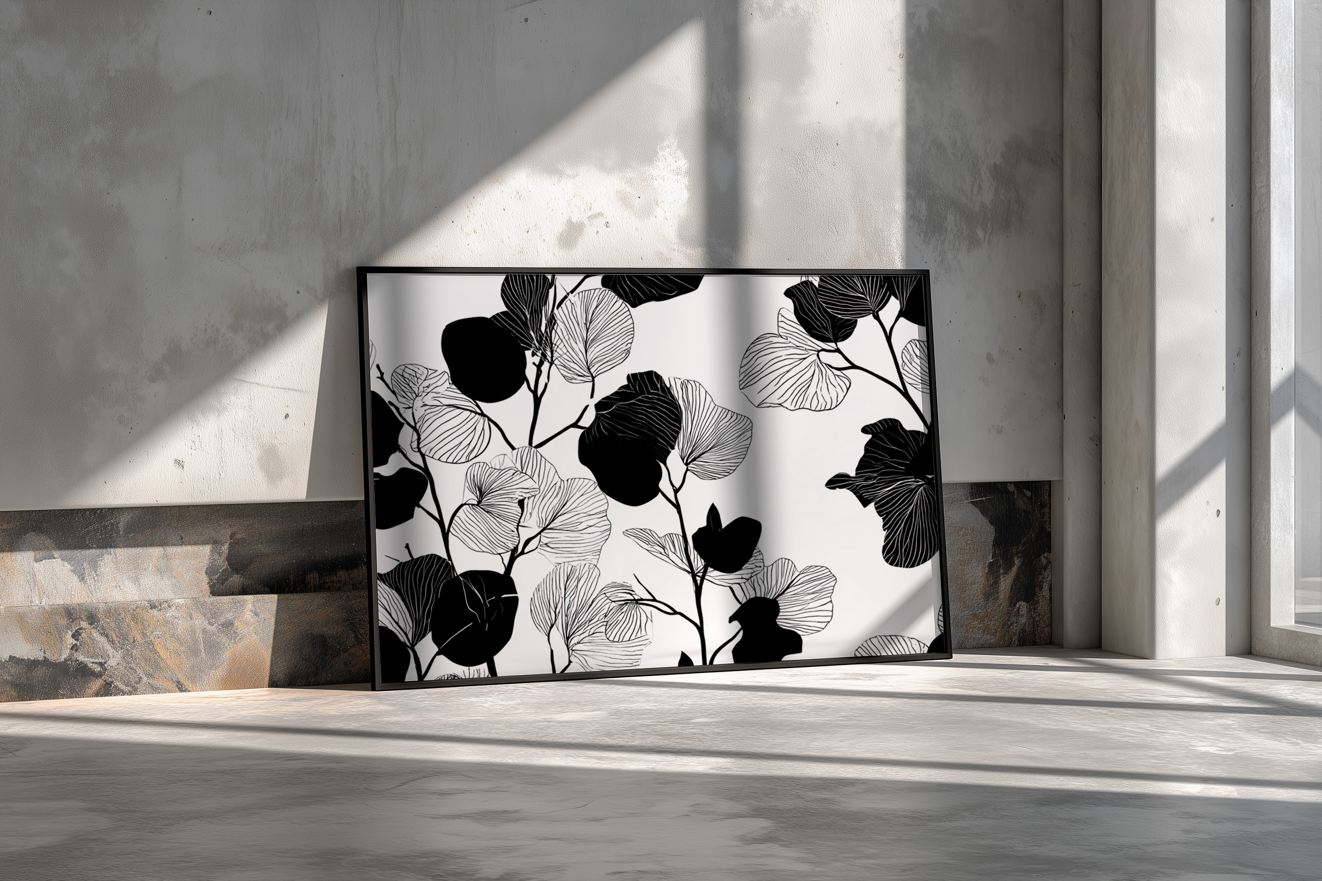 Minimalist Botanical Line Art – Black & White Eucalyptus Pattern Print