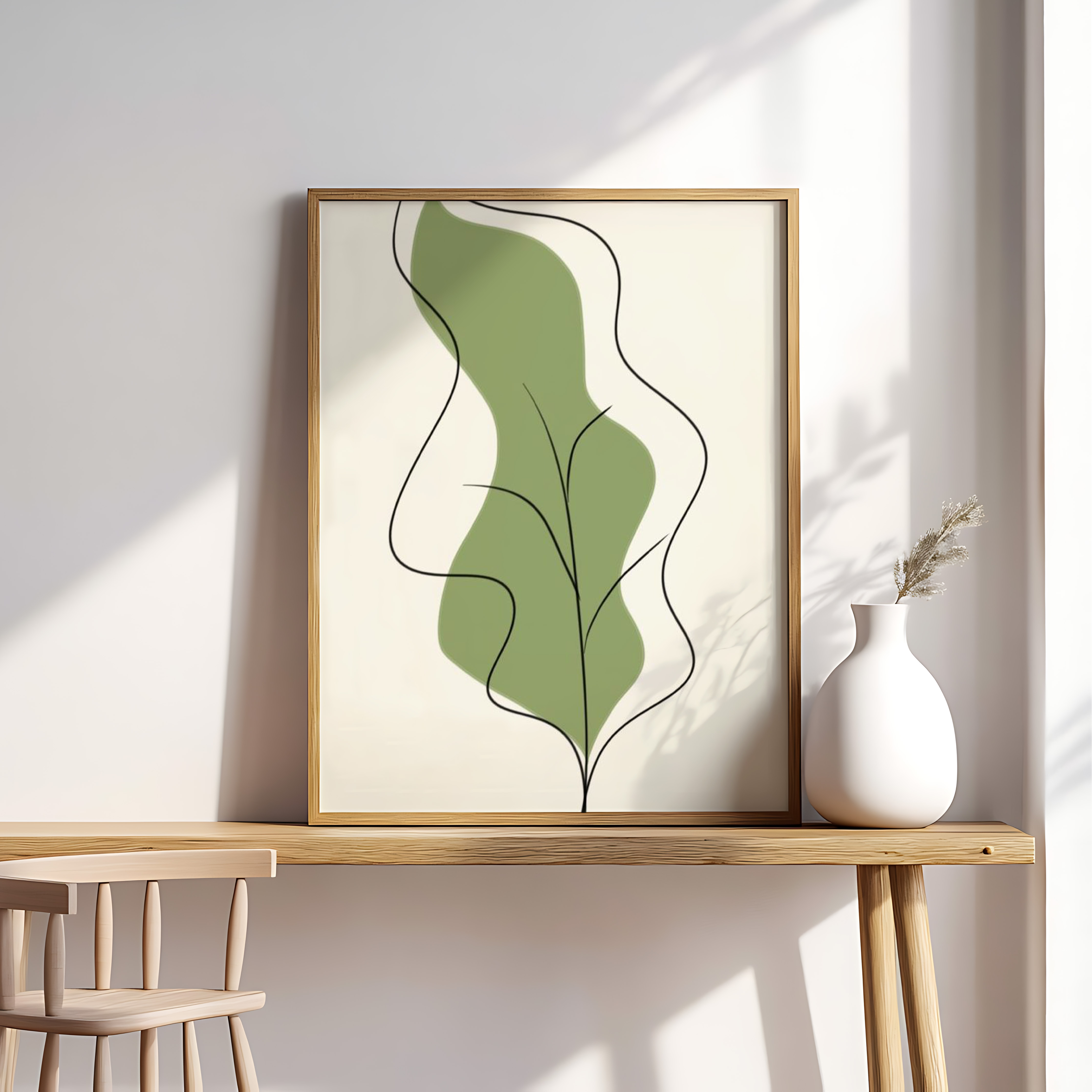 Minimalist Botanical Leaf Line Art – Modern Green Abstract Wall Print