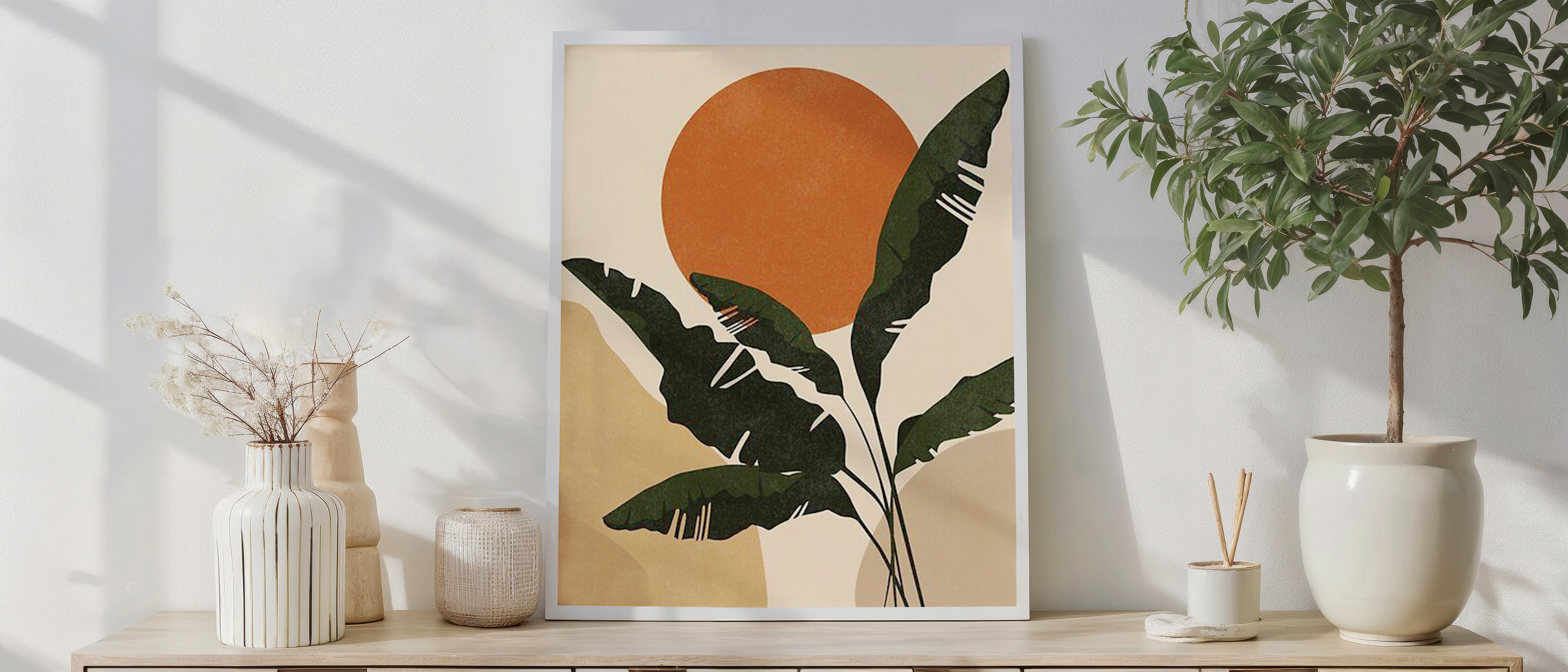 Boho Sun & Banana Leaf Wall Art – Minimalist Tropical Print | Warm Earth Tone Decor