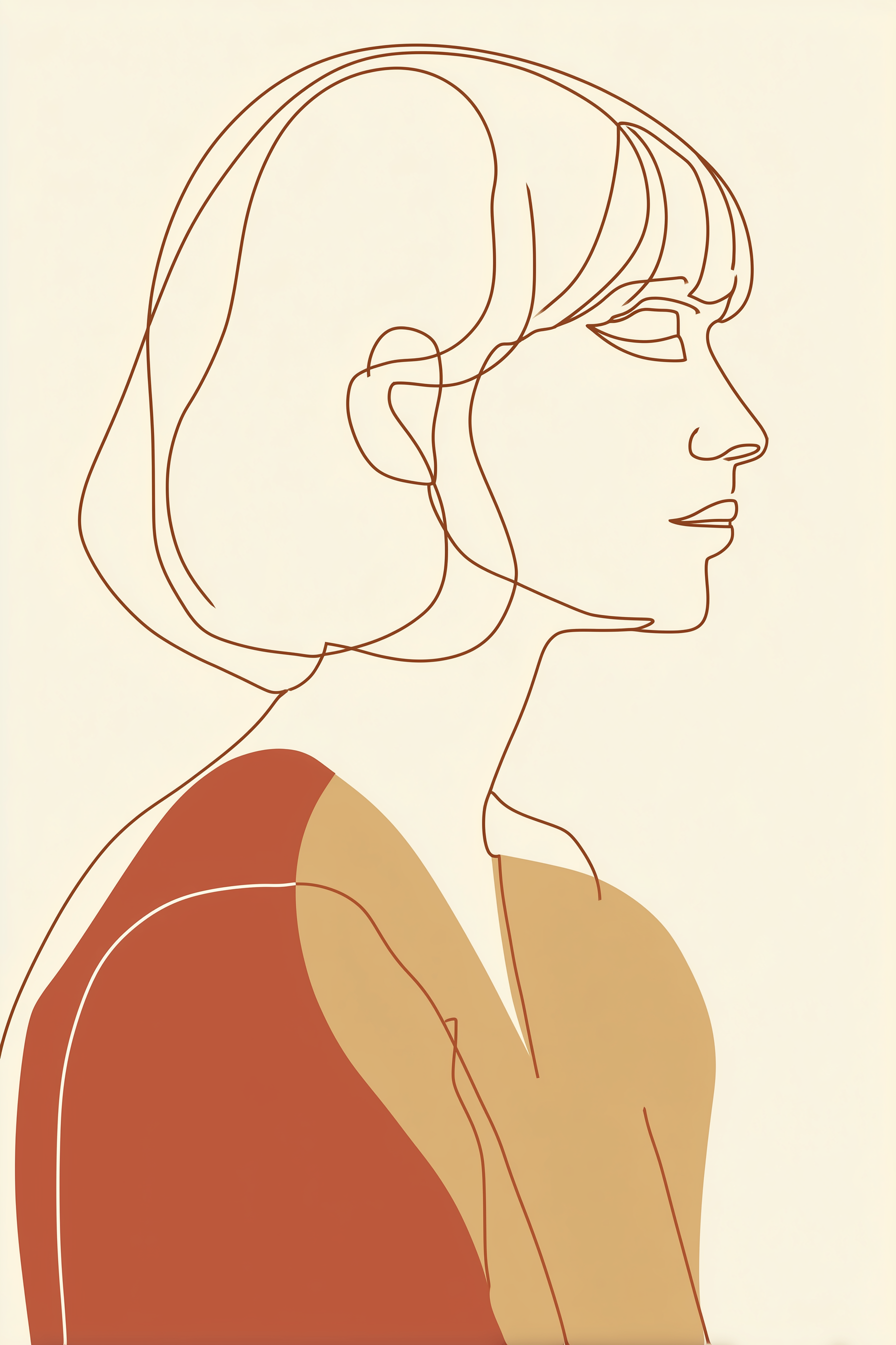 Minimalist One-Line Woman Portrait – Modern Abstract Female Wall Art in Warm Earth Tones