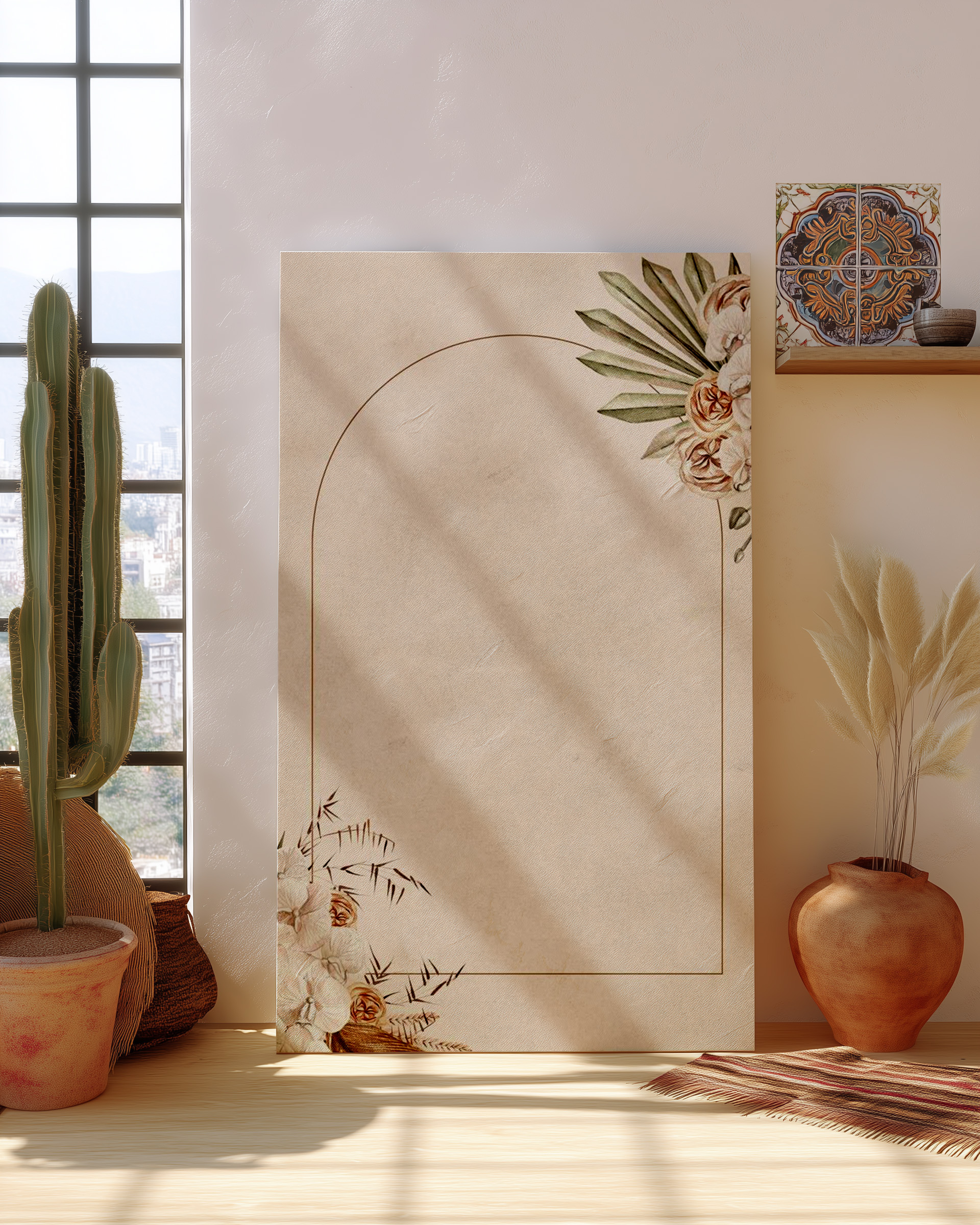 Boho Floral Arch Frame Printable – Neutral Botanical Wedding Invitation Template