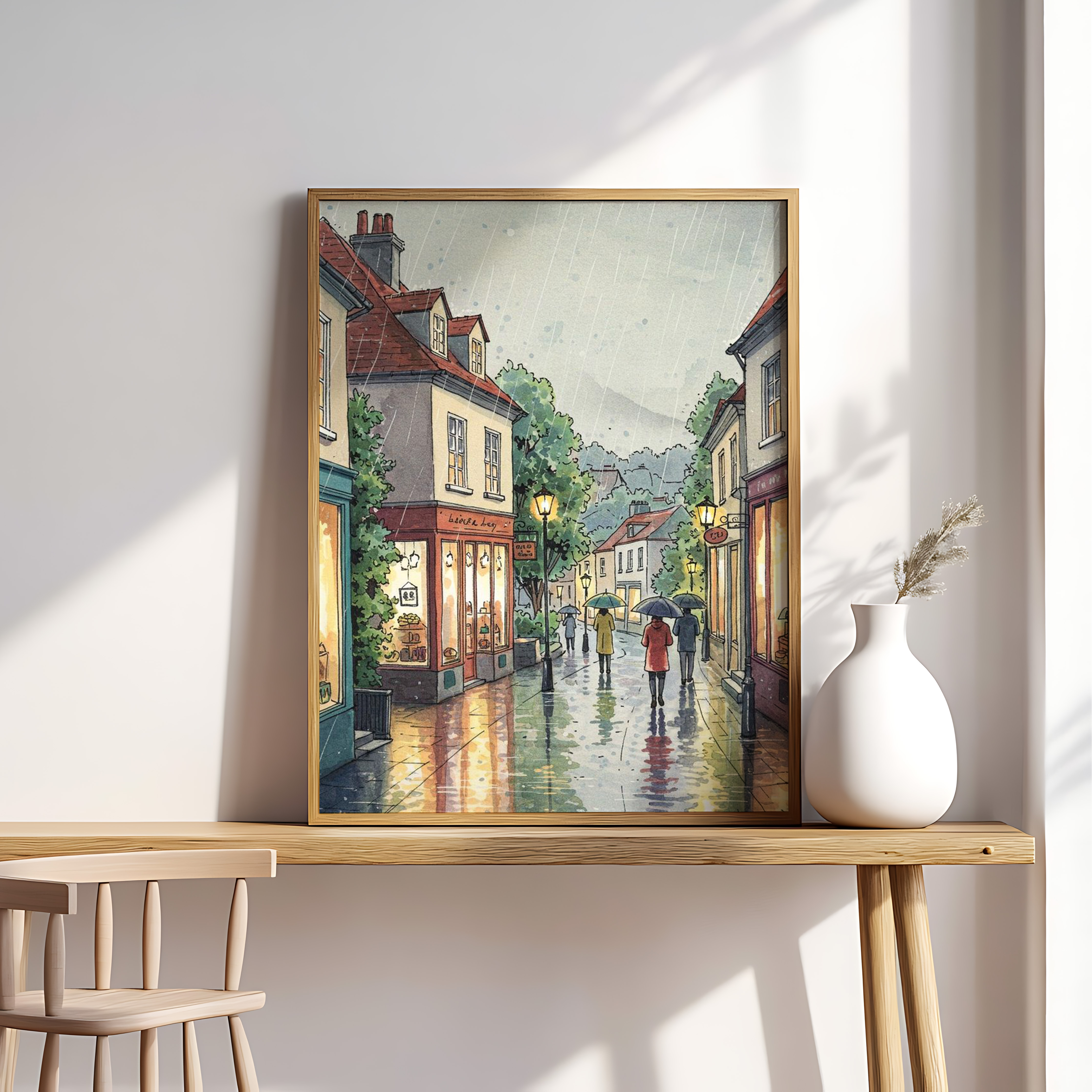Rainlit Stroll – Cozy European Street in the Rain Wall Art