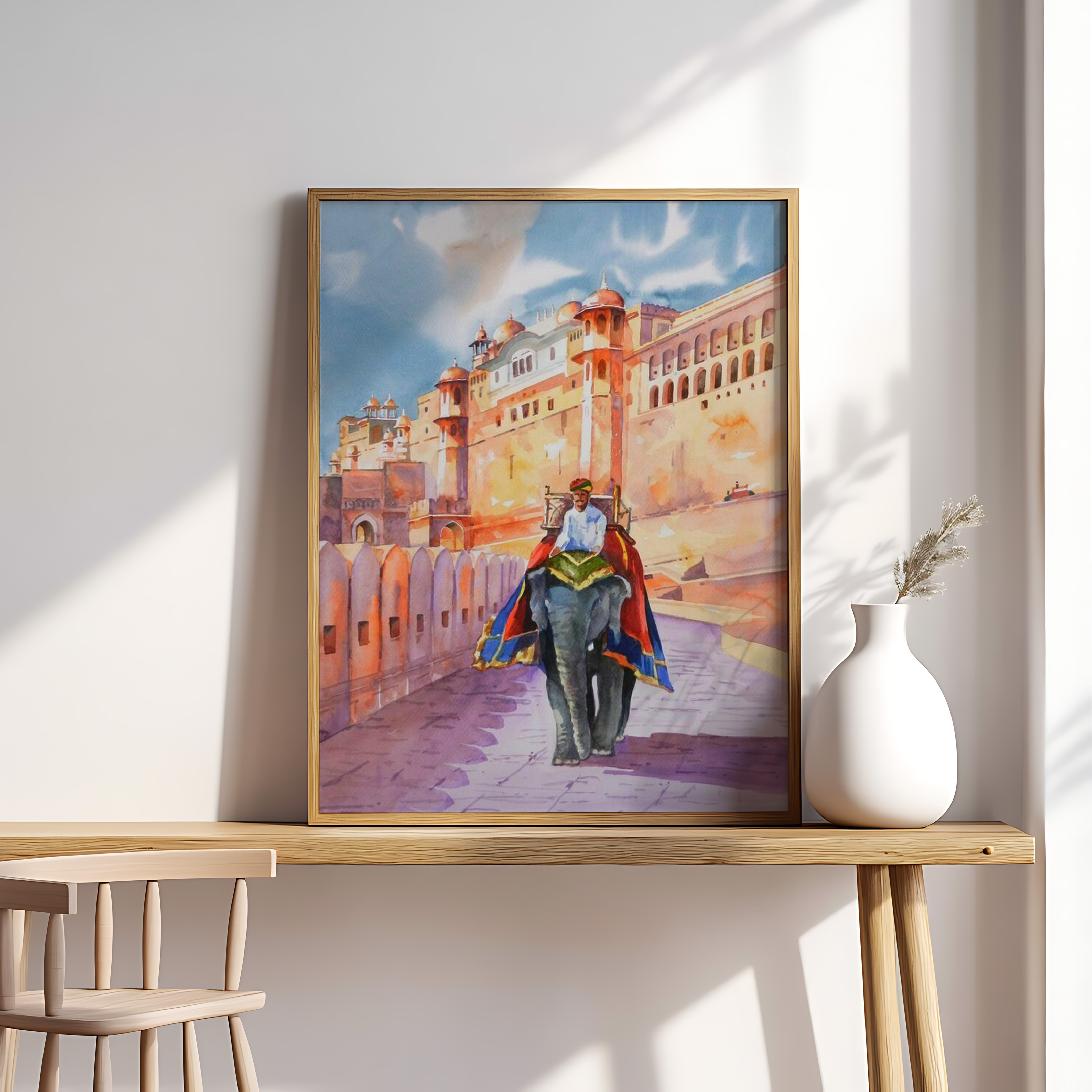 Amber Fort Elephant Ride Wall Art | Jaipur Rajasthan Watercolor Painting