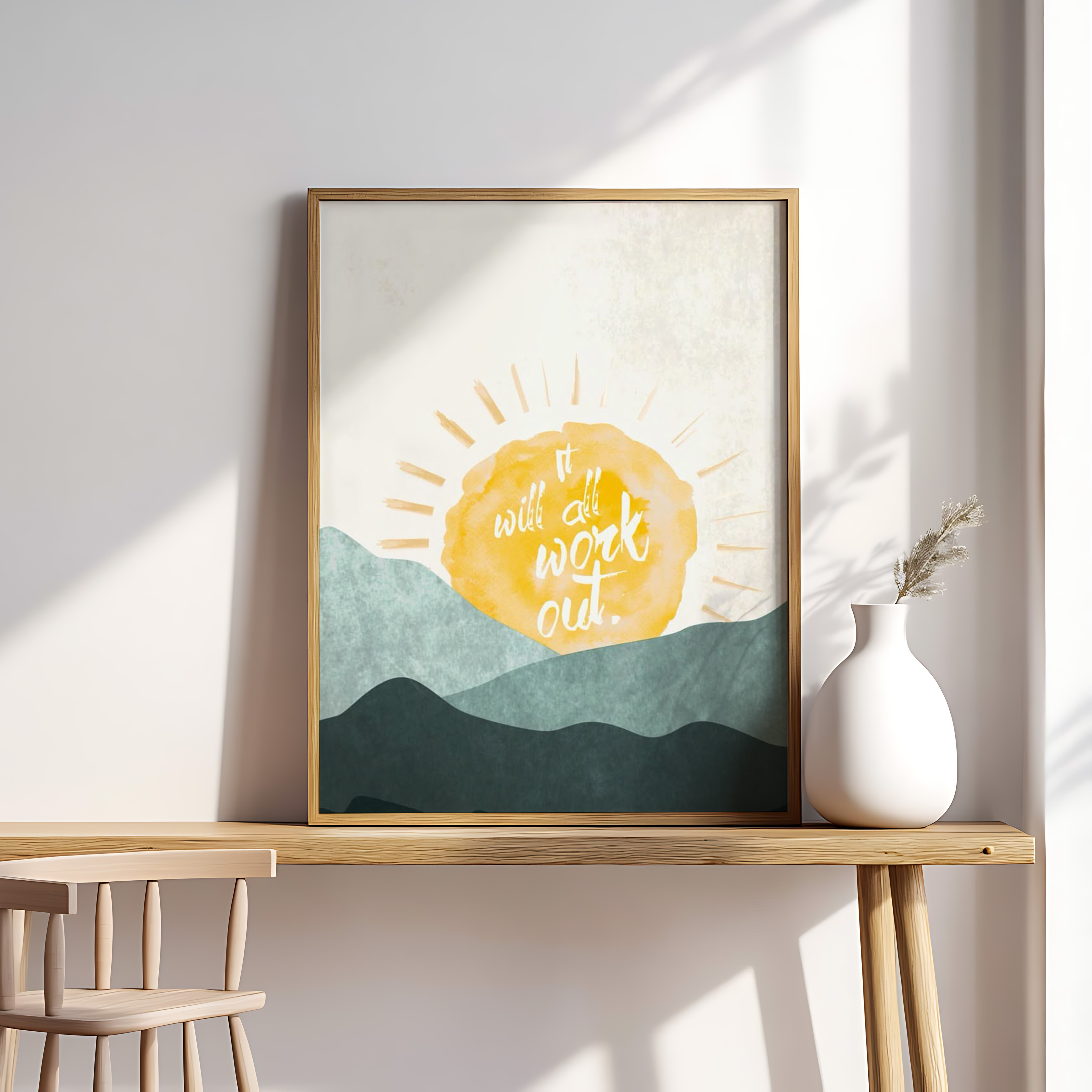 It Will All Work Out Wall Art – Minimal Sun & Mountains Inspirational Print