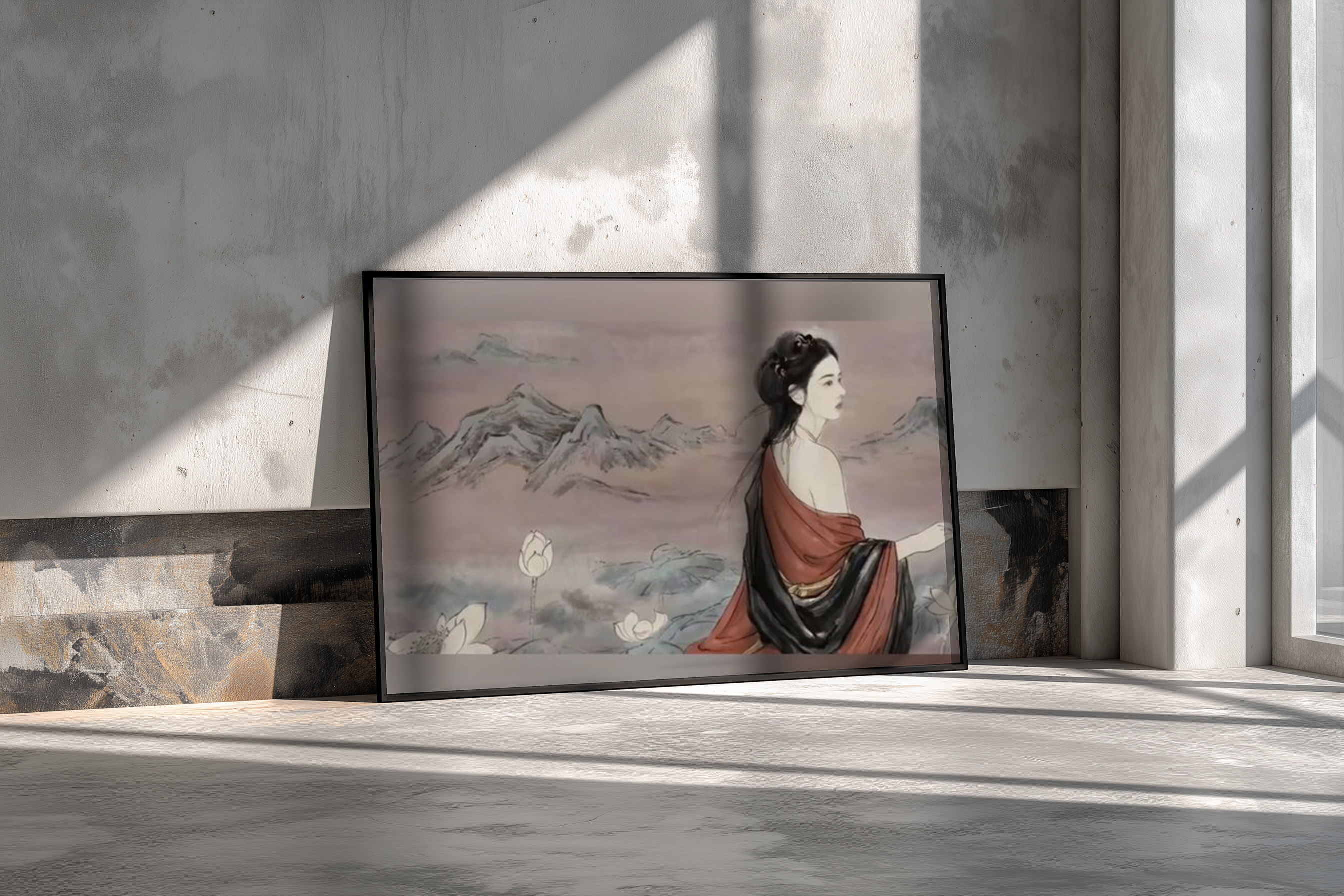 Elegant Oriental Ink Painting – Woman Among Lotus & Mountains | Classic East Asian Art