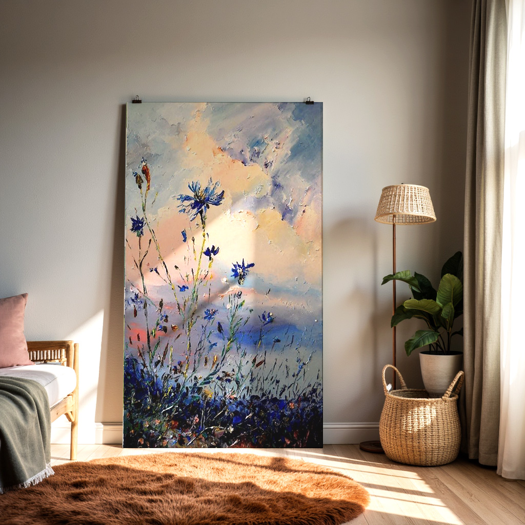 Twilight Blossoms – Blue Wildflower Evening Landscape Art