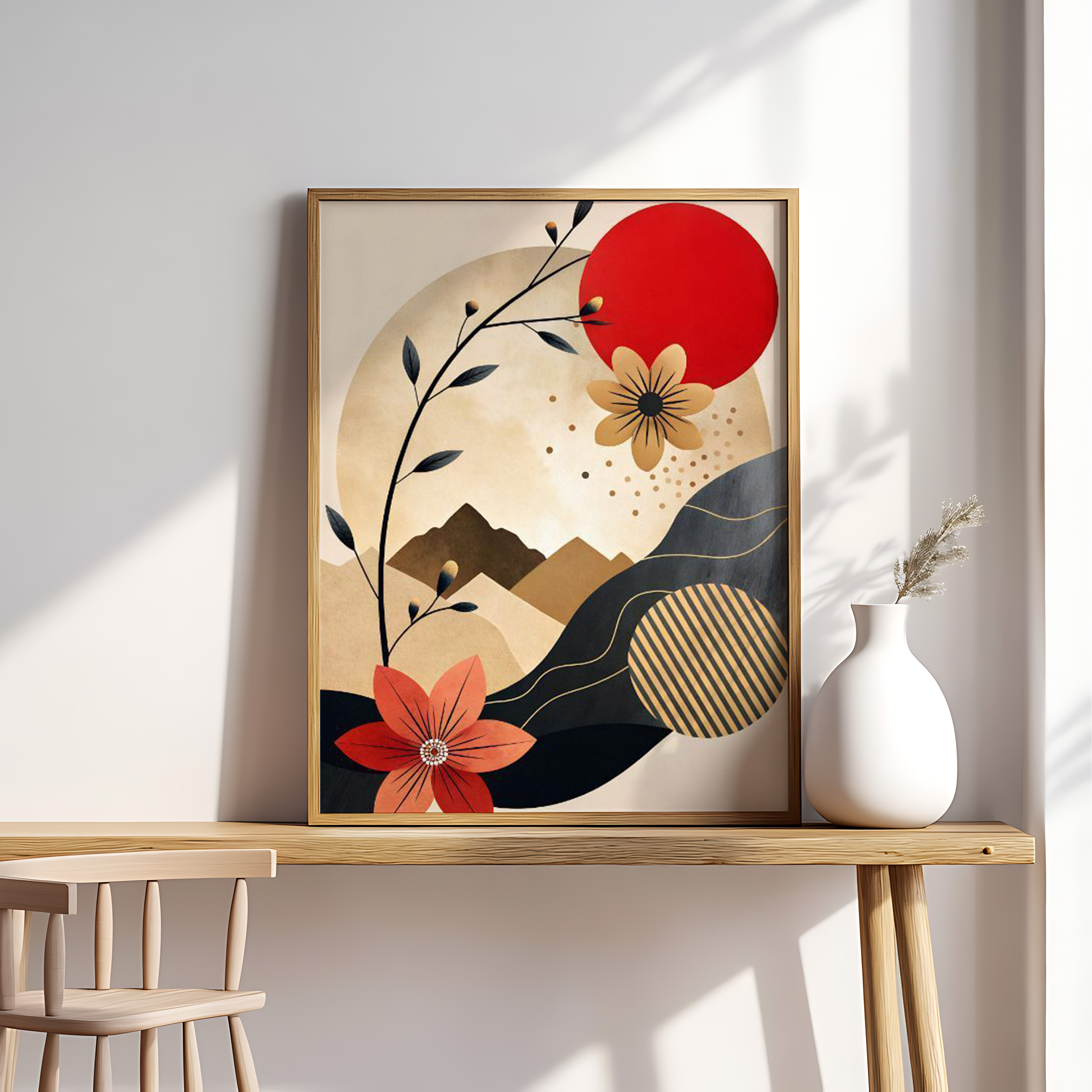 Abstract Floral Landscape Wall Art – Modern Red and Gold Design