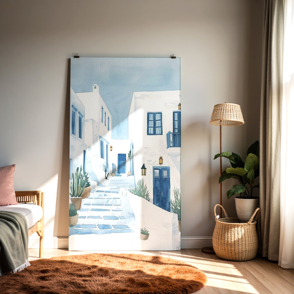 Mediterranean Street Illustration – White Houses & Blue Doors