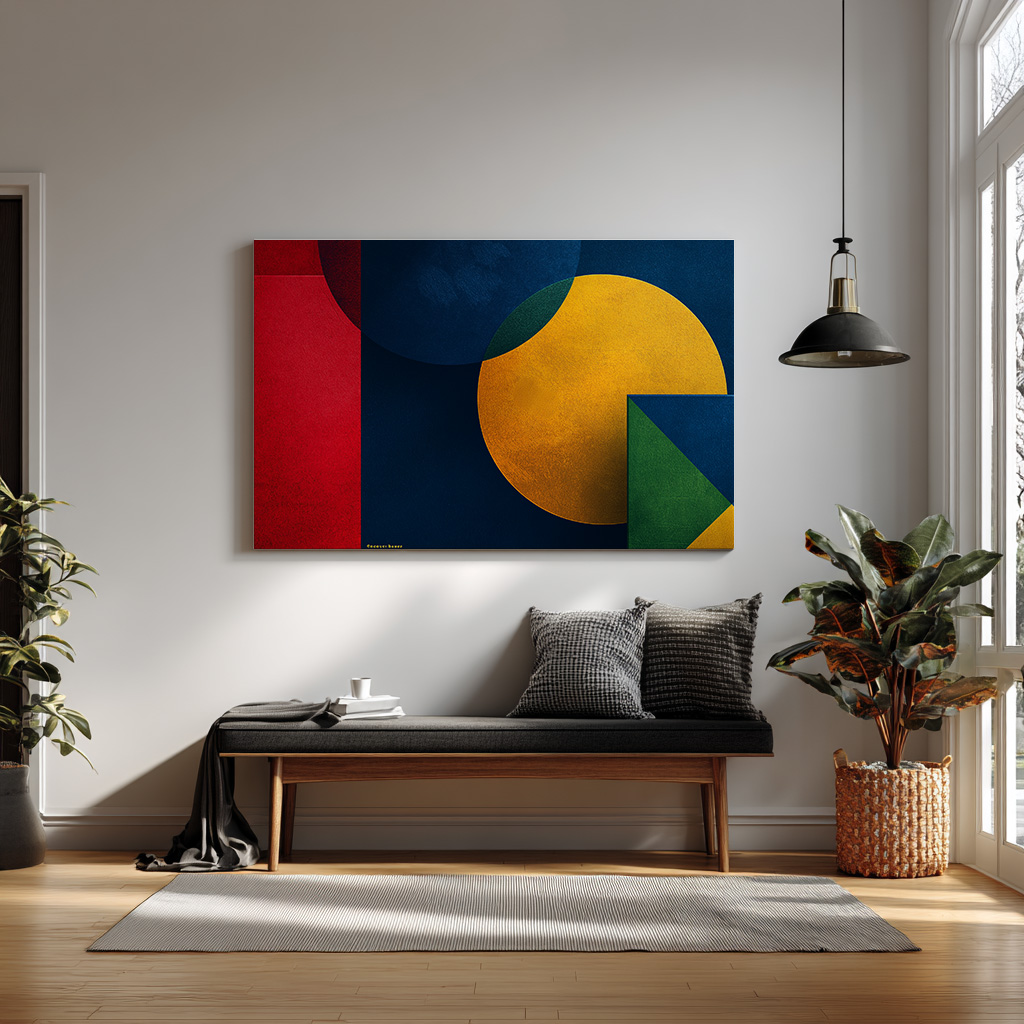 Bold Modern Geometric Wall Art – Abstract Shapes Print in Red, Navy Blue, Yellow & Green