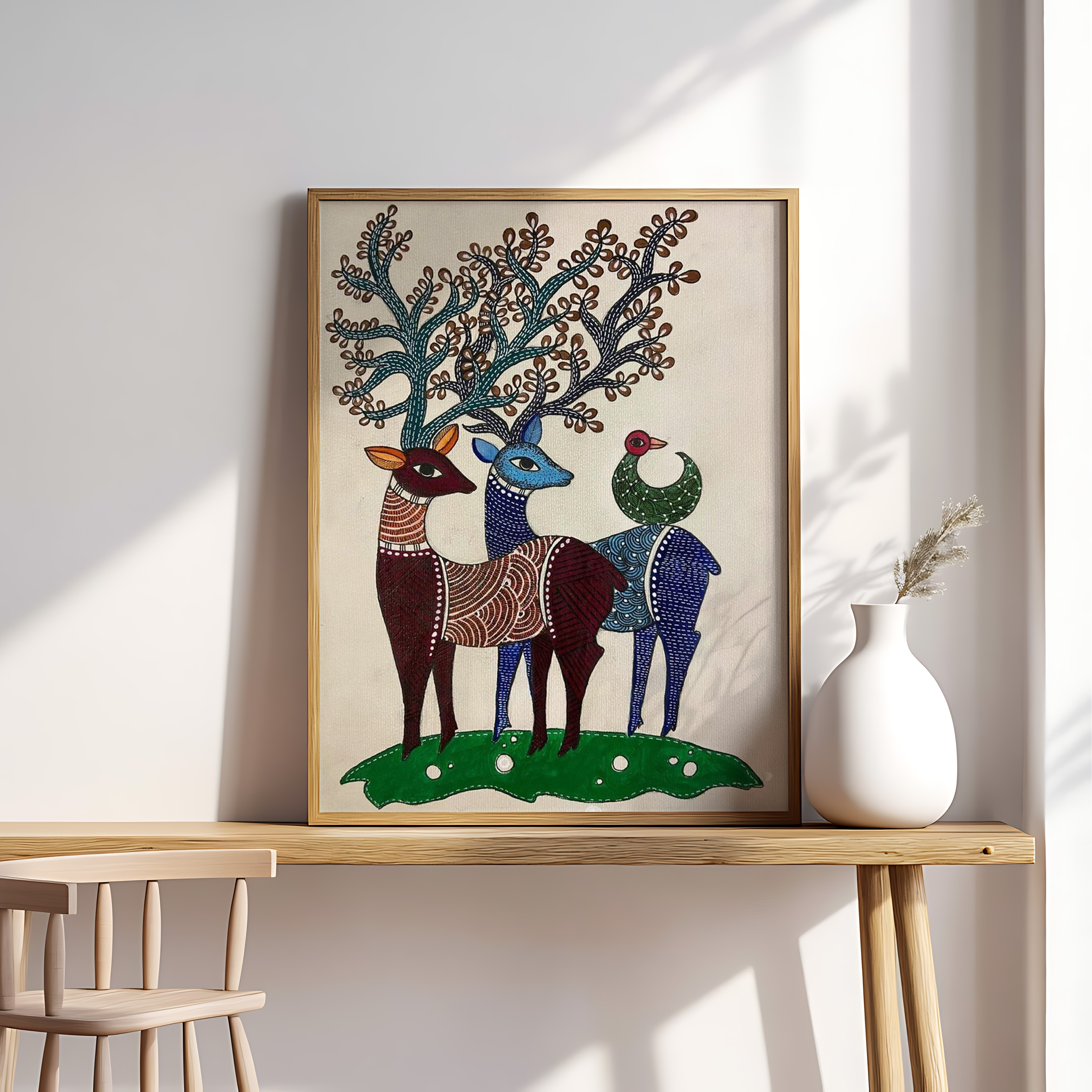 Gond Tribal Art of Deer & Peacock – Vibrant Forest Folk Painting