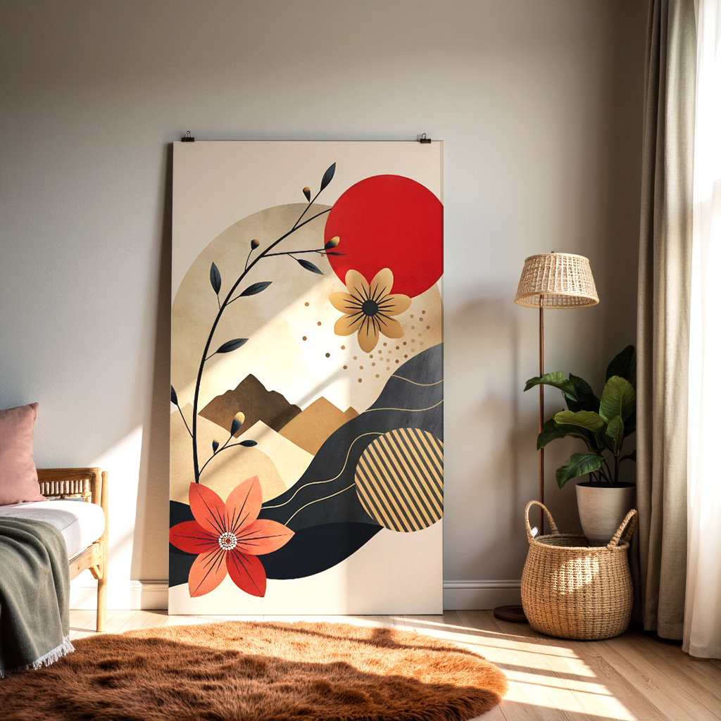 Abstract Floral Landscape Wall Art – Modern Red and Gold Design