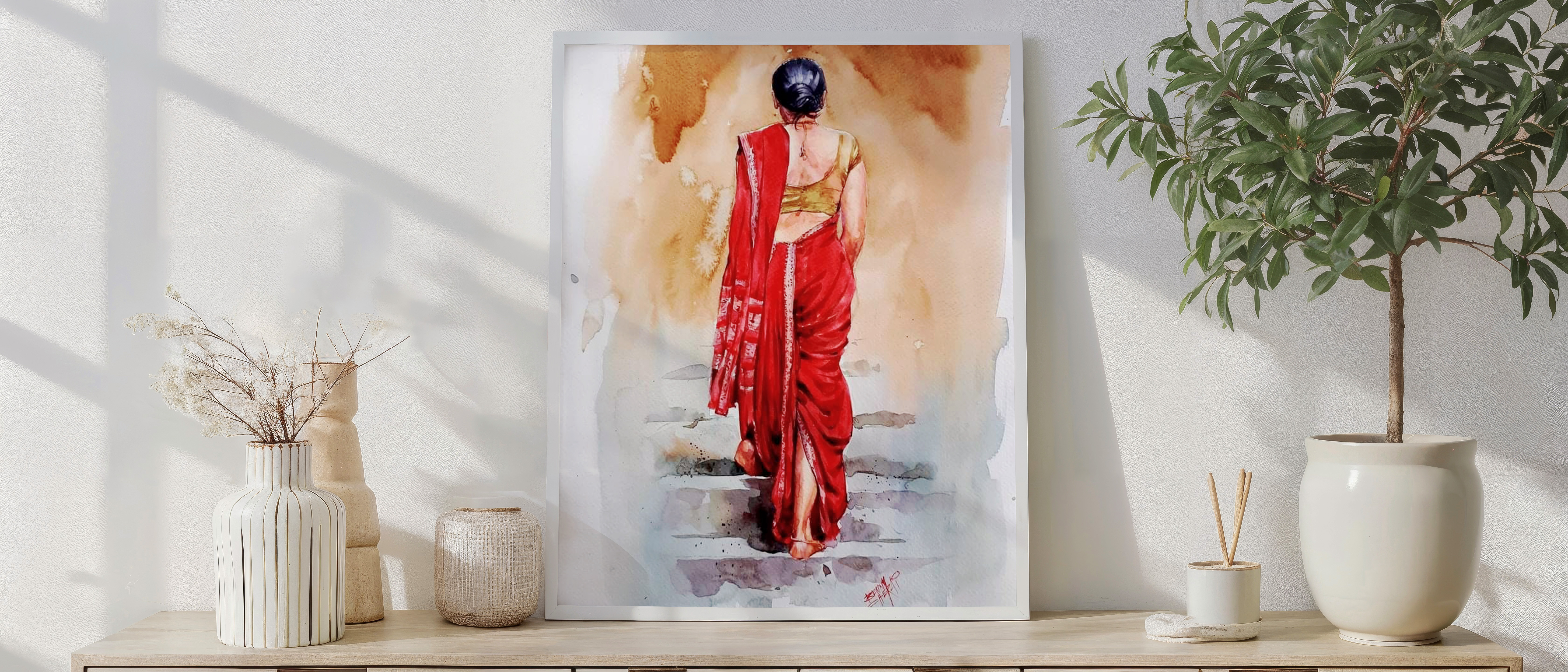 Indian Woman in Red Saree Wall Art | Traditional Watercolor Painting