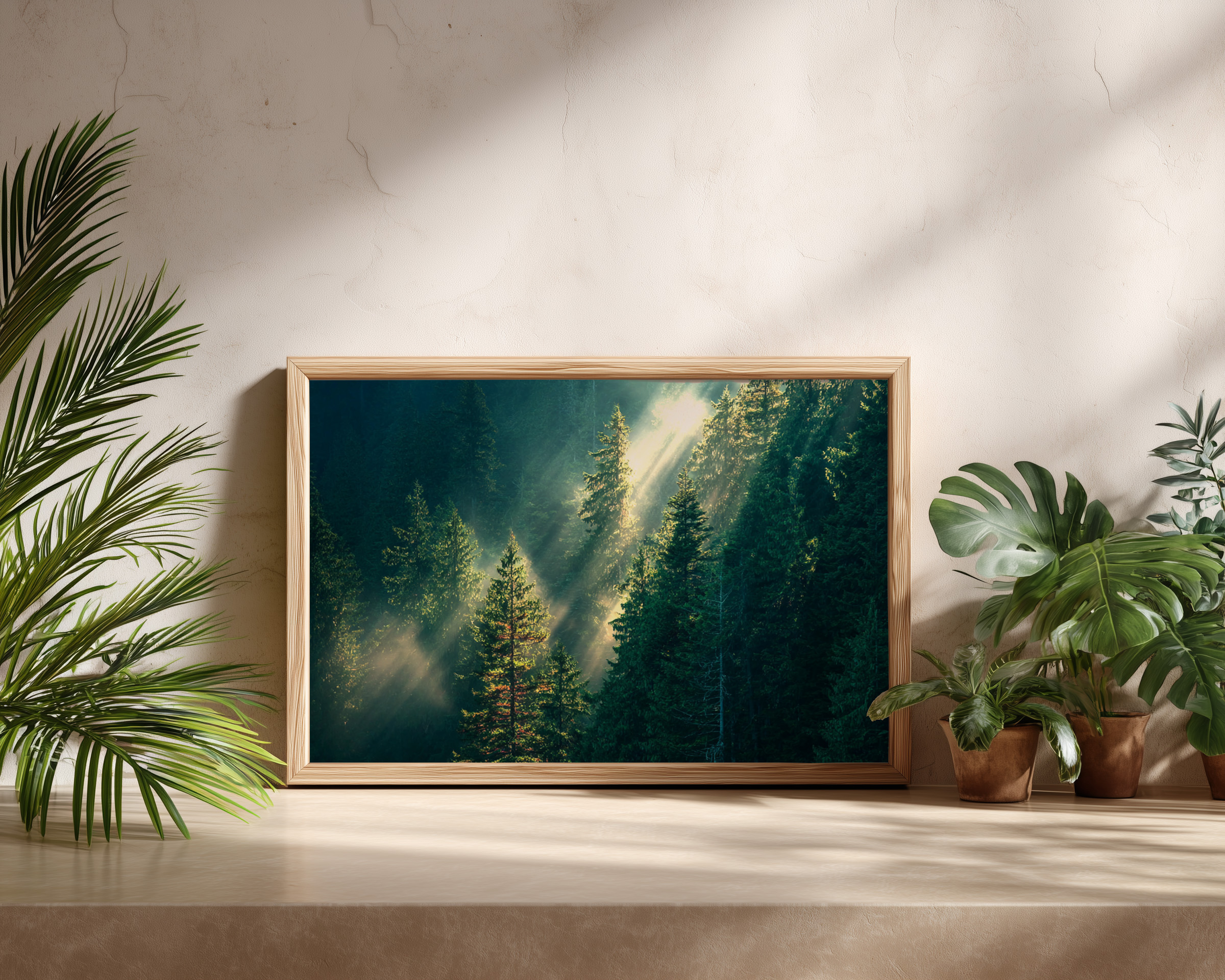 Forest Radiance – Sunbeams Through Evergreen Pines Wall Art