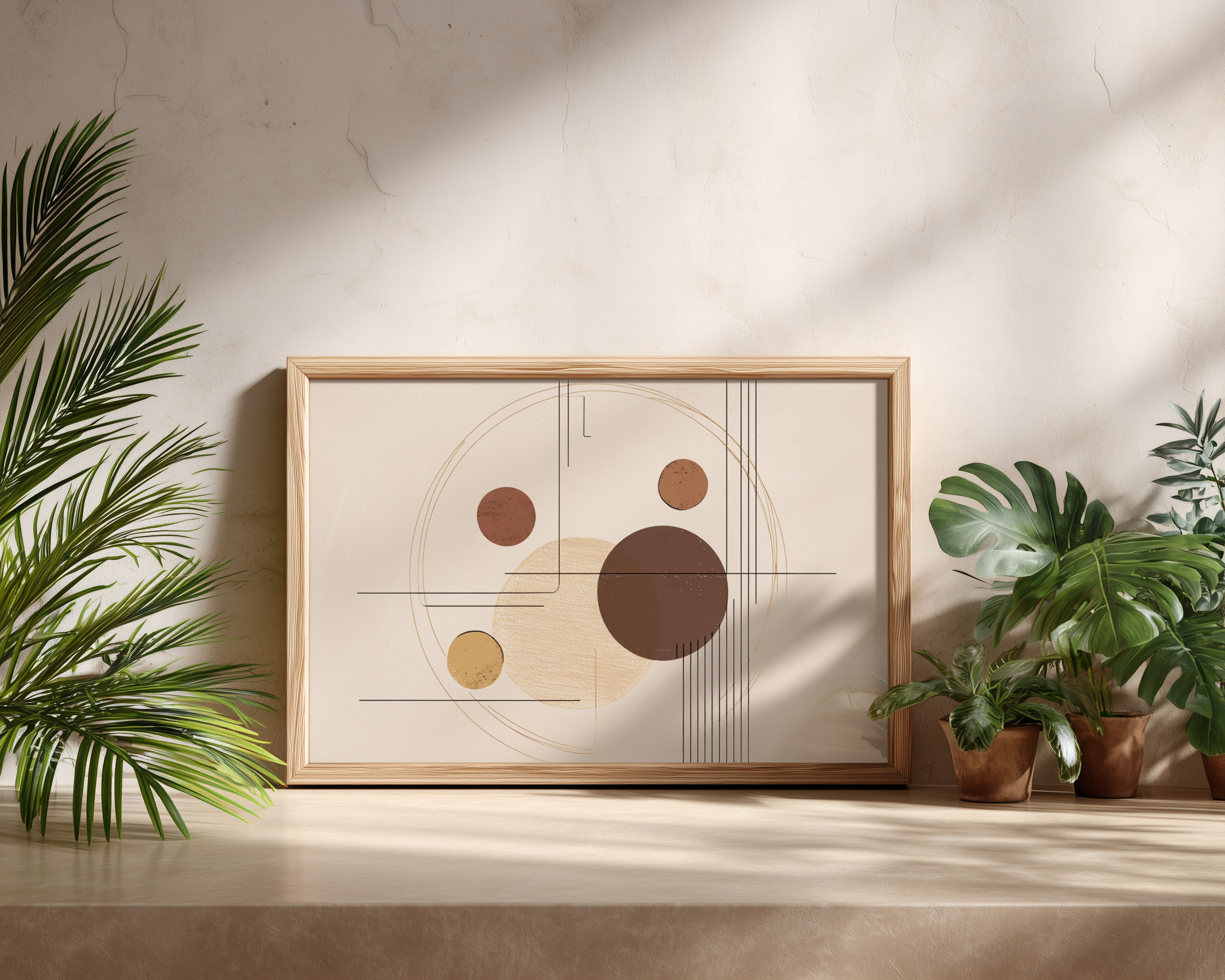 Minimalist Geometric Wall Art Print – Abstract Circles & Line Art in Warm Neutral Earth Tones