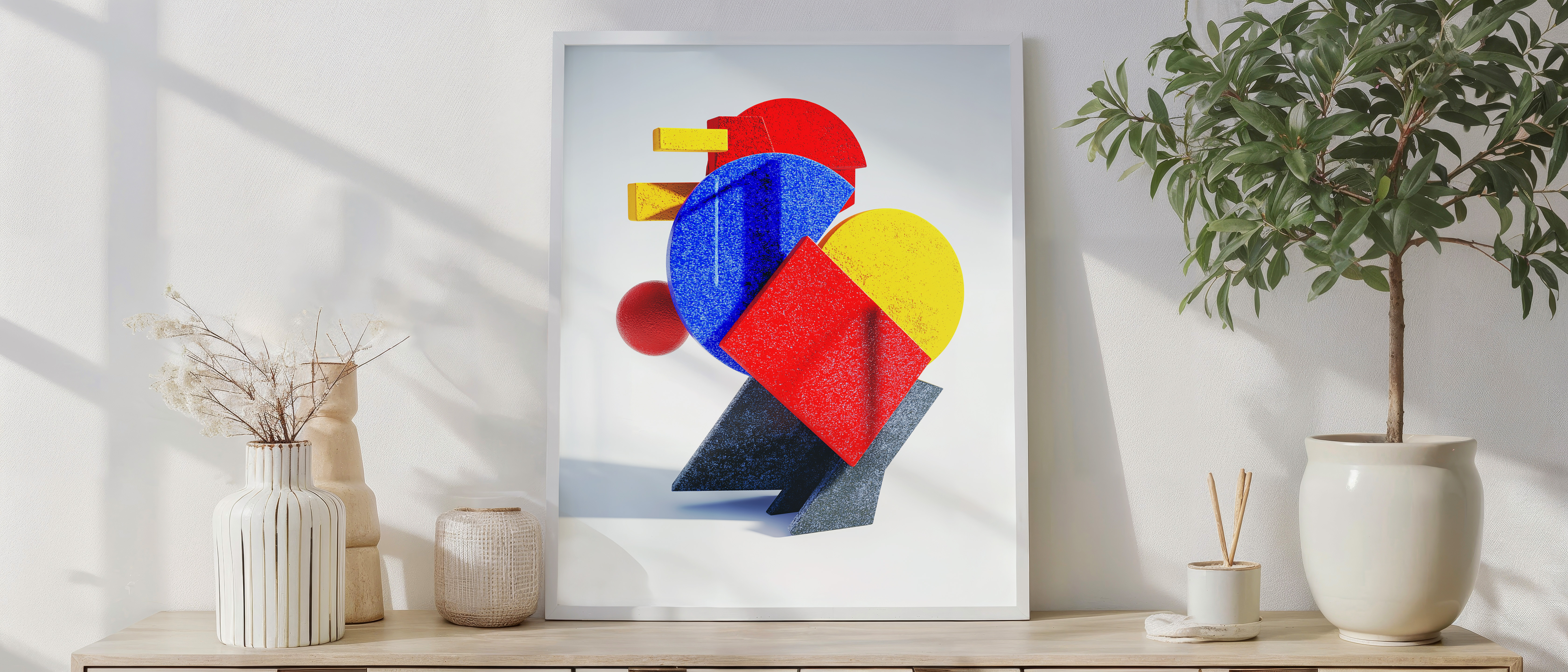 Modern Geometric Sculpture Art Print – Bold Abstract Shapes in Red, Blue & Yellow